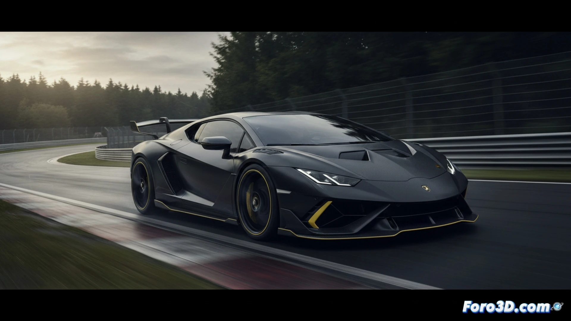 Un prototipo de Lamborghini Revuelto SV, con un enorme alerón fijo y detalles en fibra de carbono, probándose a alta velocidad en el circuito de Nürburgring.