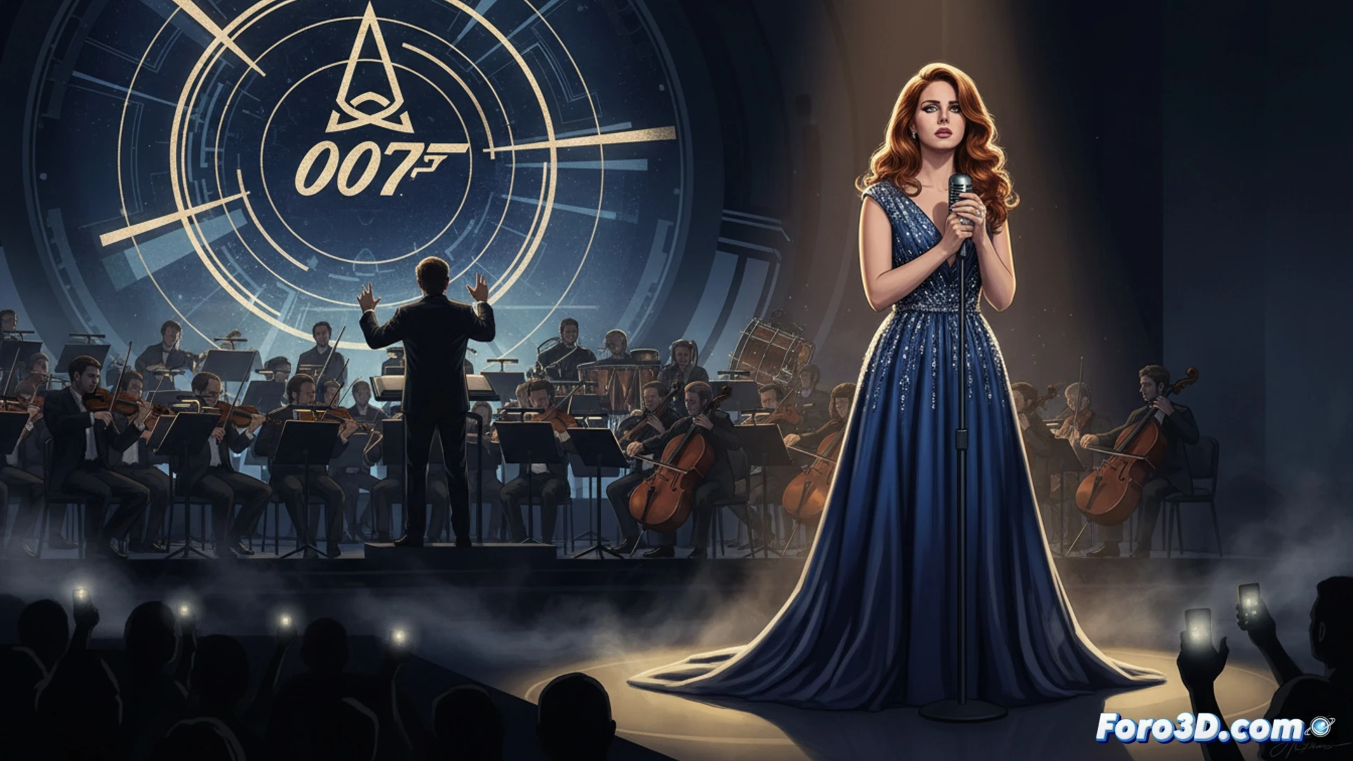 Lana Del Rey canta 'First Light' en un escenario elegante y misterioso, inspirado en el mundo de James Bond.