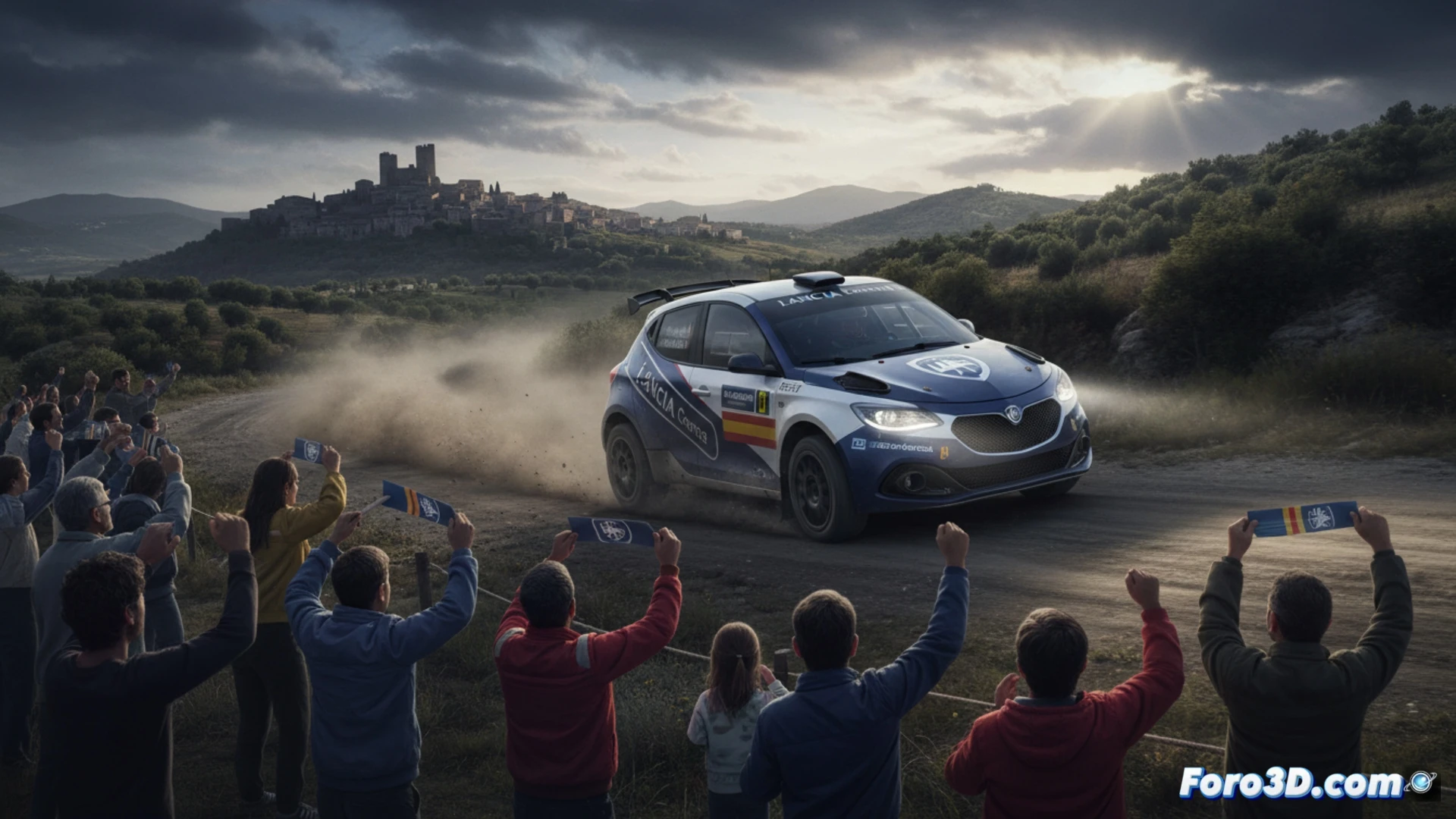 Un Lancia Ypsilon Rally2 HF Integrale compite en un tramo de rally español, con el logo del tridente destacado en su carrocería.