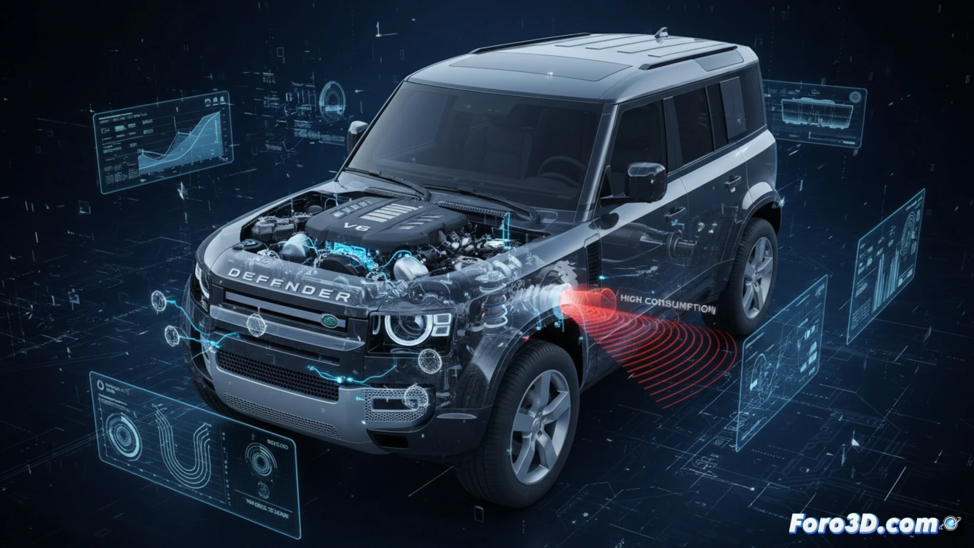 Modelo 3D de un Land Rover Defender Octa en seccion, mostrando su motor V8 biturbo y chasis reforzado.