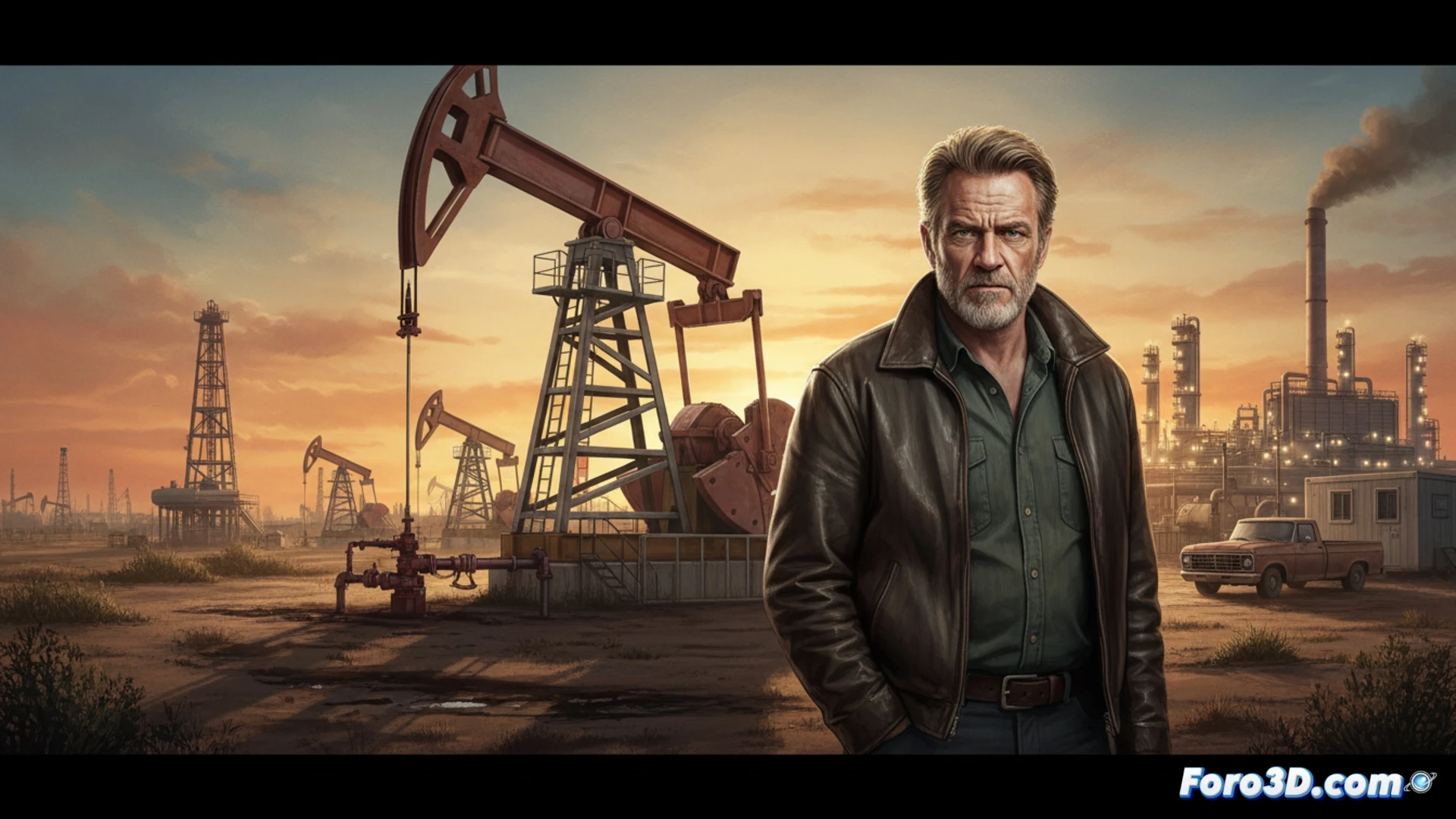 Billy Bob Thornton en un yacimiento petrolífero texano, con gráficos de audiencia global superpuestos.