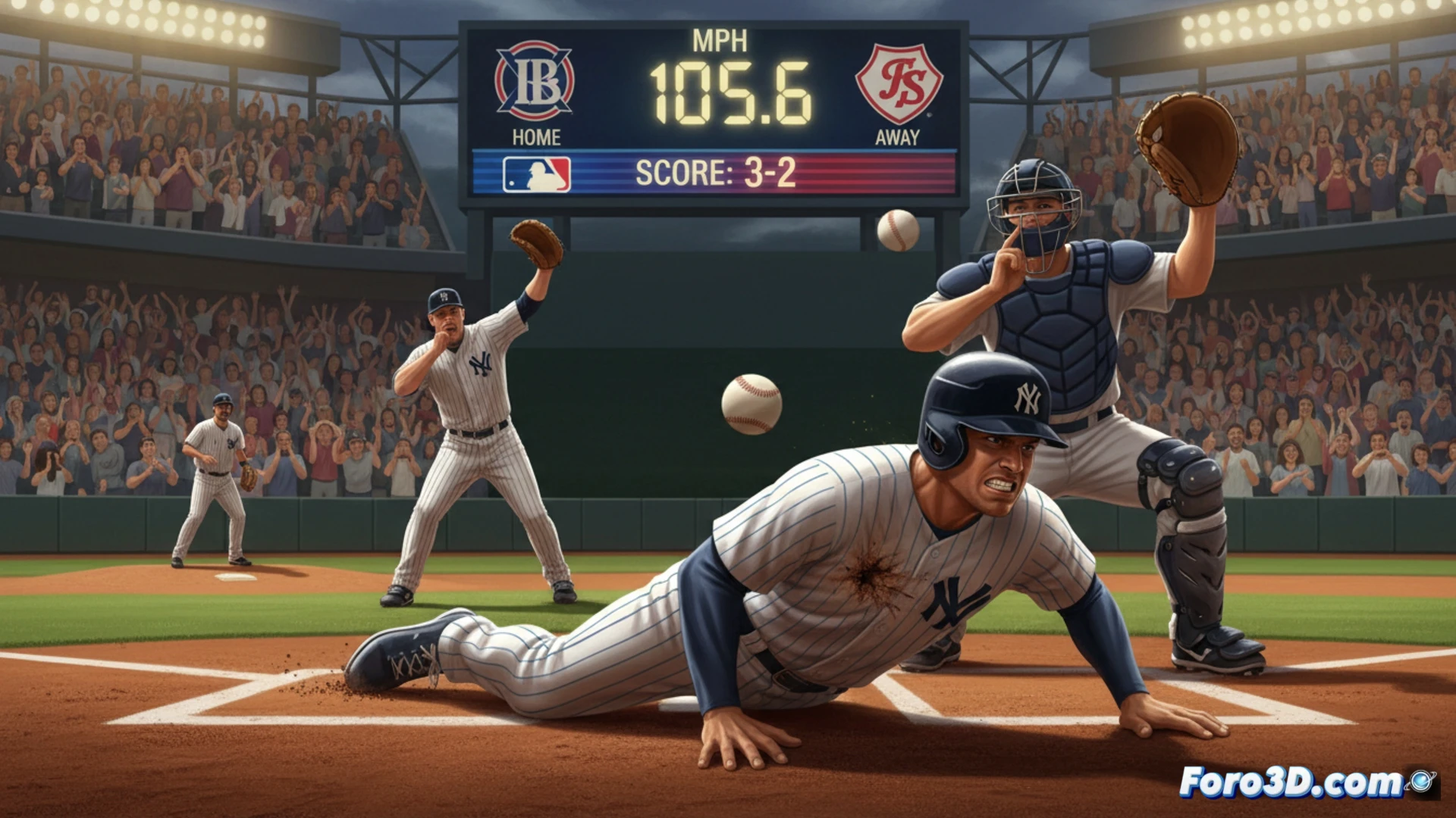 Un lanzamiento a 170 km/h golpea el costado de un bateador. El jugador cae al suelo, pero se levanta y sigue jugando. El estadio observa atónito.