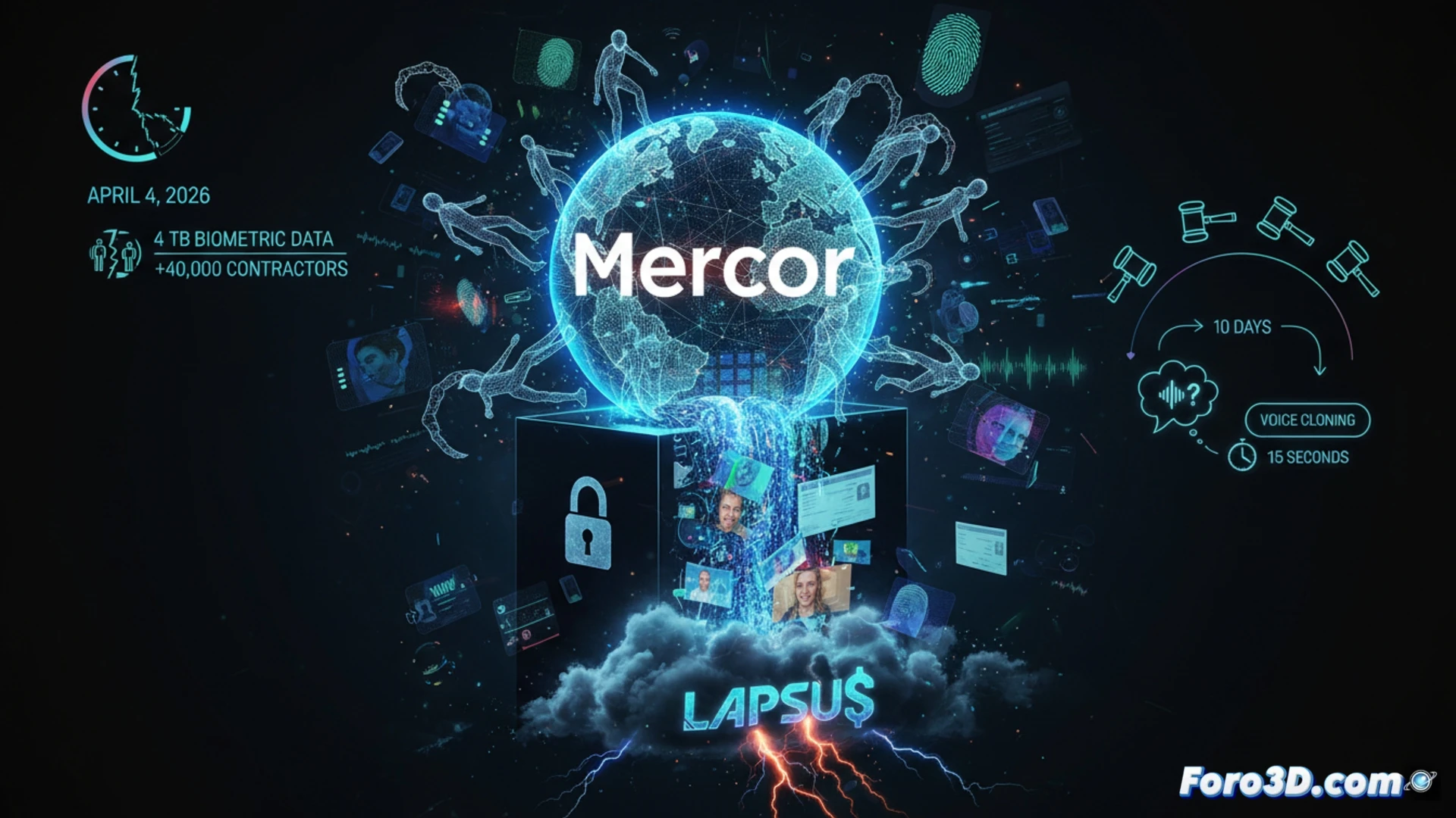 Una pantalla de computadora muestra archivos cifrados y selfies borrosos, mientras un candado roto y huellas dactilares digitales flotan sobre un fondo oscuro de amenaza cibernética.