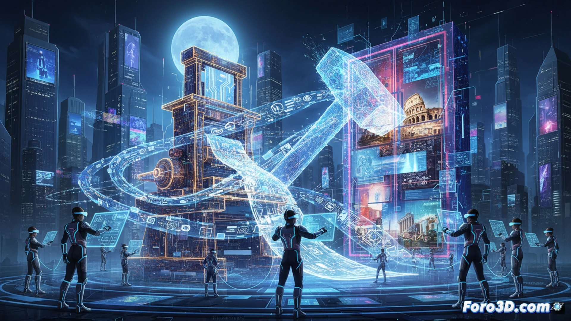 Una puerta de madera medieval digital, con un pergamino 3D clavado, desmaterializandose en particulas de datos y codigo.