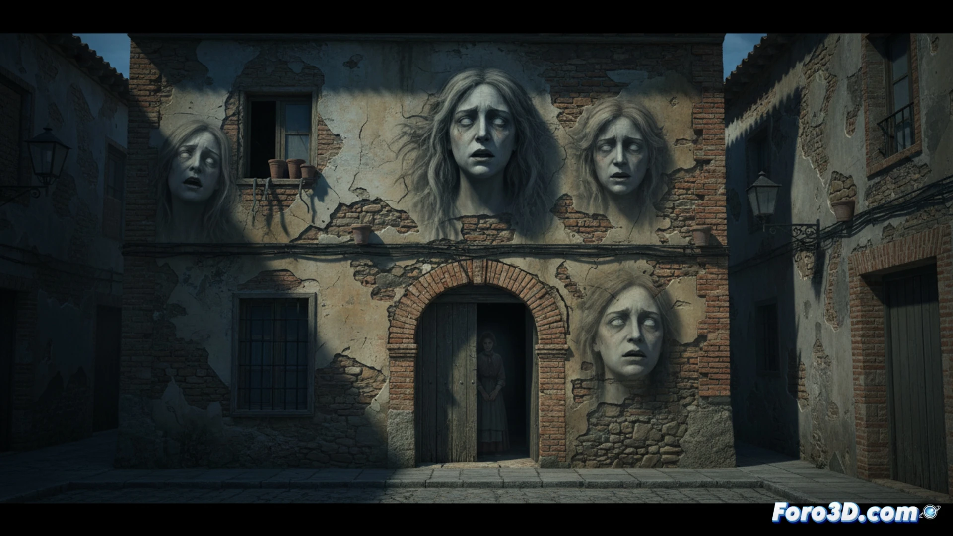 Una fachada deteriorada con rostros fantasmales emergiendo de la pared, en una calle angosta y sombría de Jaén.