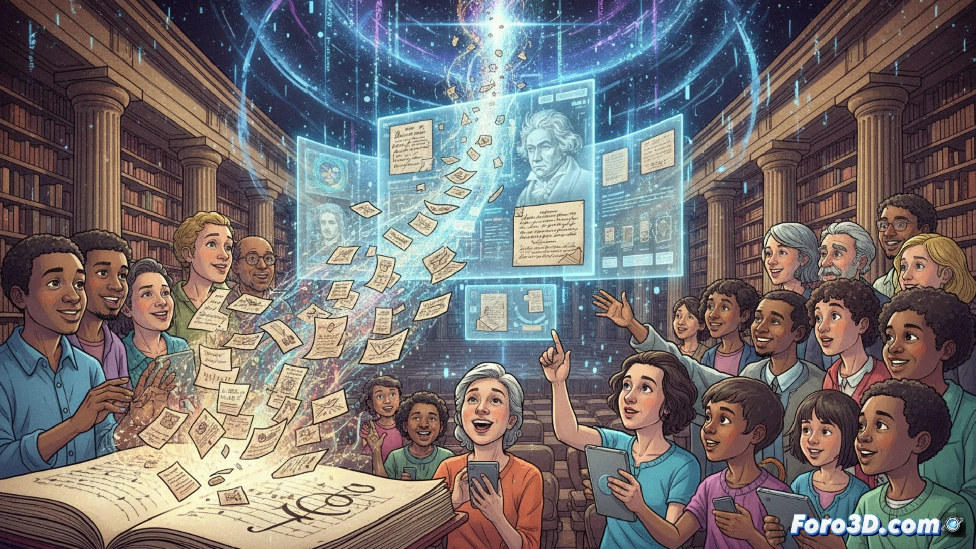 Retrato digital de Beethoven superpuesto con fragmentos manuscritos de sus cartas, simbolizando la union entre el genio y su humanidad.