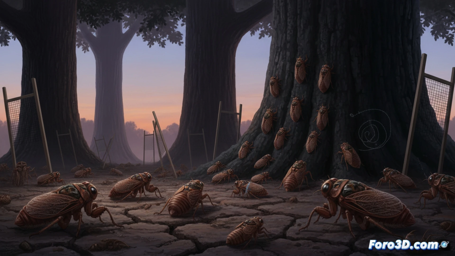 Ninfas de cigarra emergen del suelo y se dirigen hacia los troncos oscuros, usando el contraste de luz para orientarse en la penumbra.