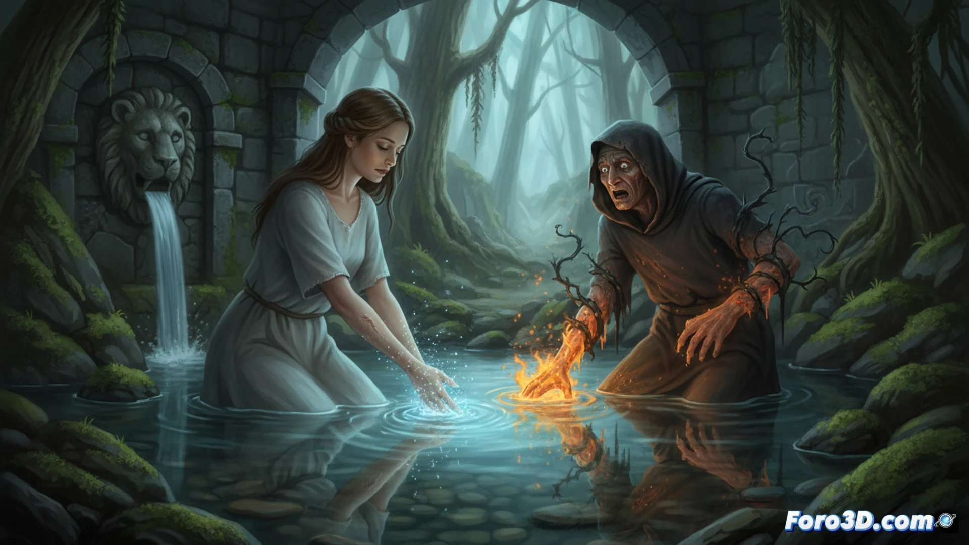 Una fuente de piedra en un bosque húmedo. Su agua cristalina refleja luz y sombra, simbolizando su dualidad curativa o abrasiva.