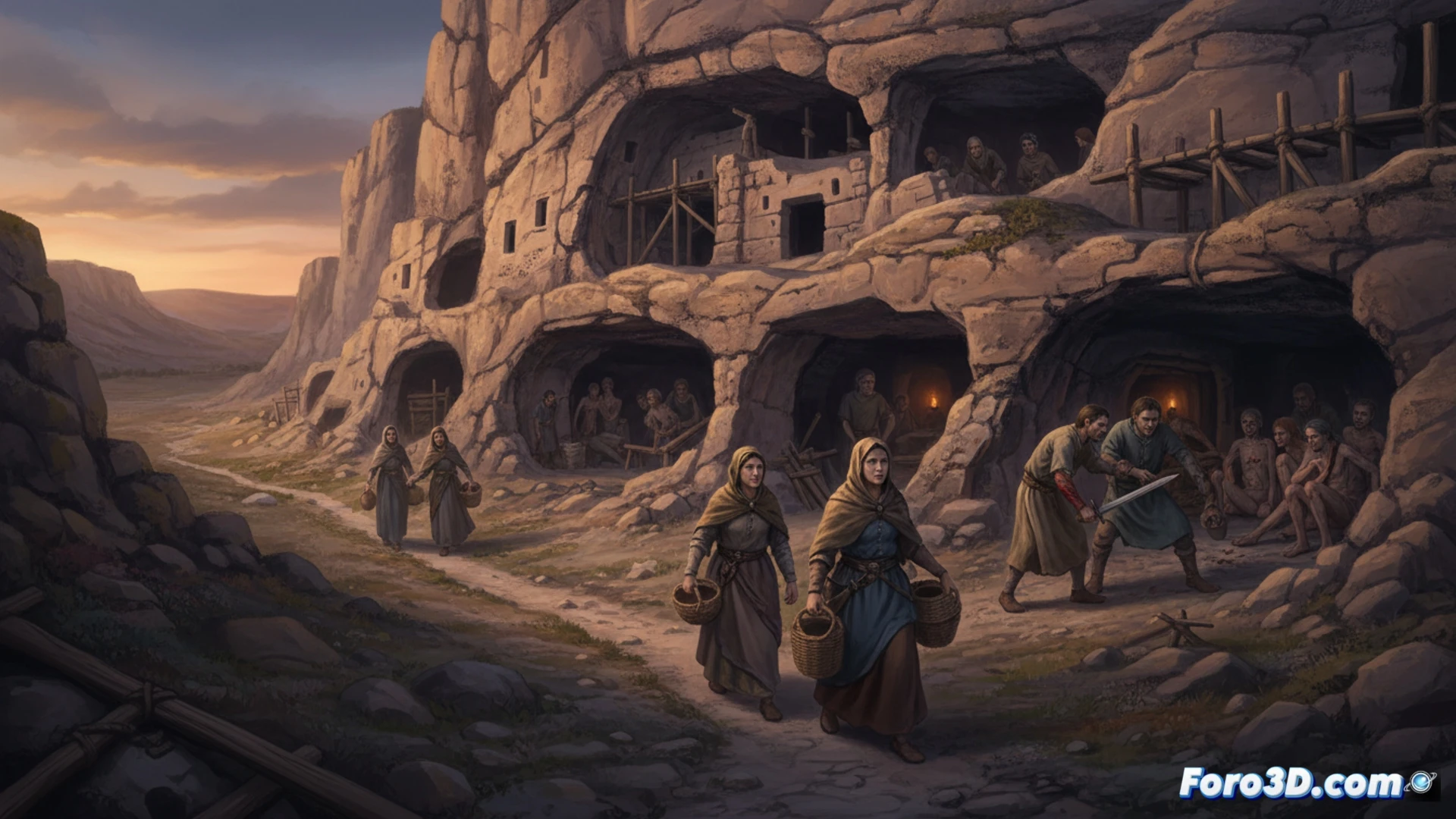 Reconstruccion 3D de Las Gobas, mostrando las cuevas y figuras humanas que representan a la aislada comunidad medieval.