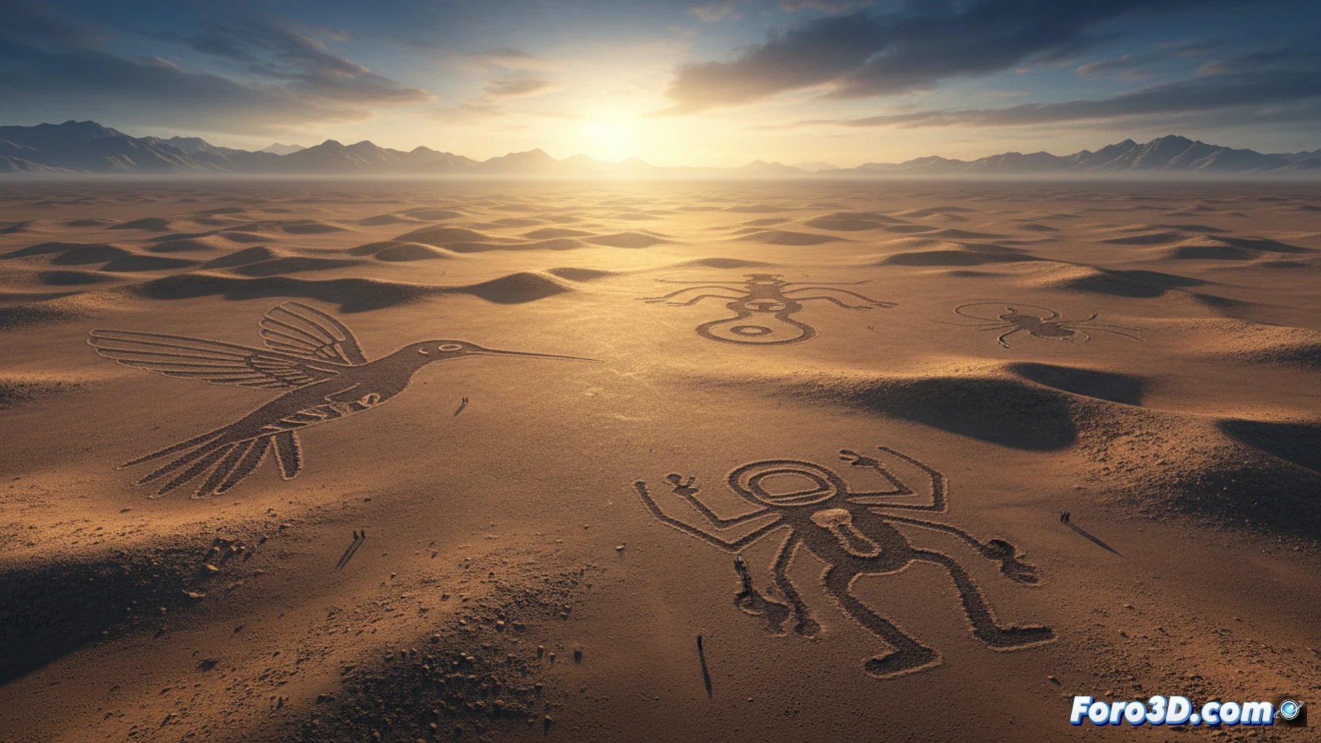 Vista aérea digital 3D de un colibrí de Nazca, mostrando detalles topográficos y líneas precisas.