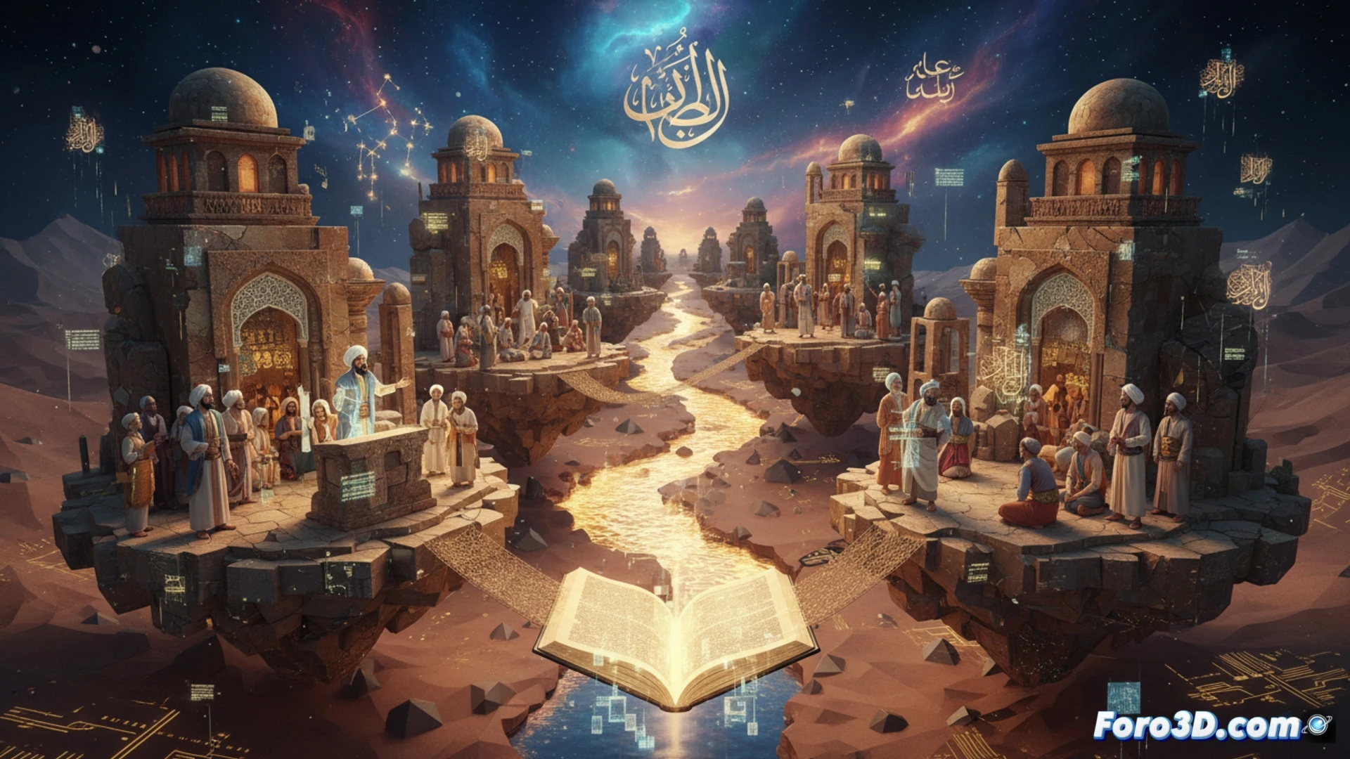 Representacion 3D de una escena de las Maqamat de Al-Hariri, con caligrafia arabe flotando en un espacio arquitectonico antiguo.