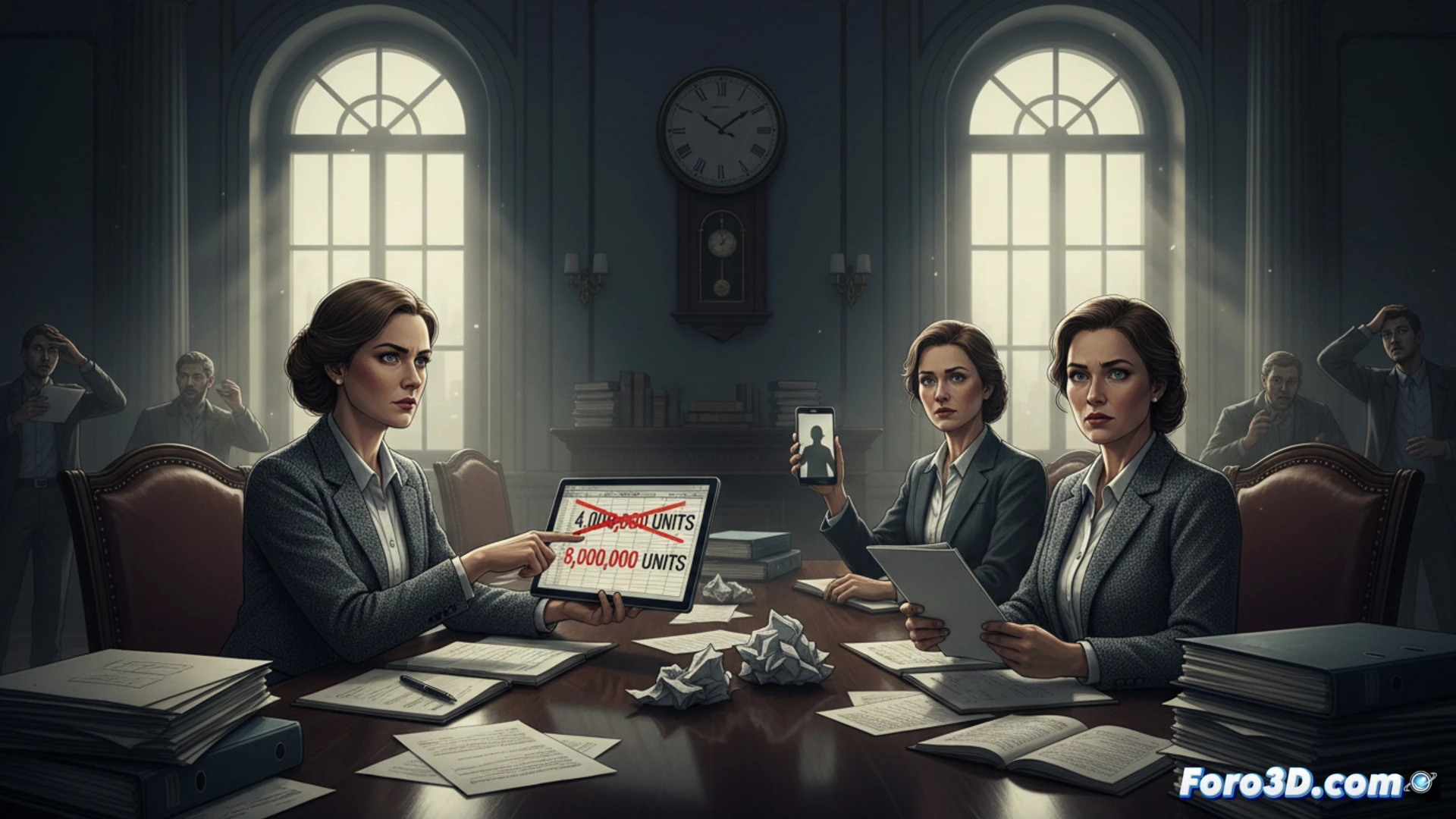 Una sala de juntas oscura. Un reloj marca 13 minutos. Sobre la mesa, dos montones de mascarillas: uno de 4 millones, otro de 8. Manos sombrías firman un documento sin explicación.