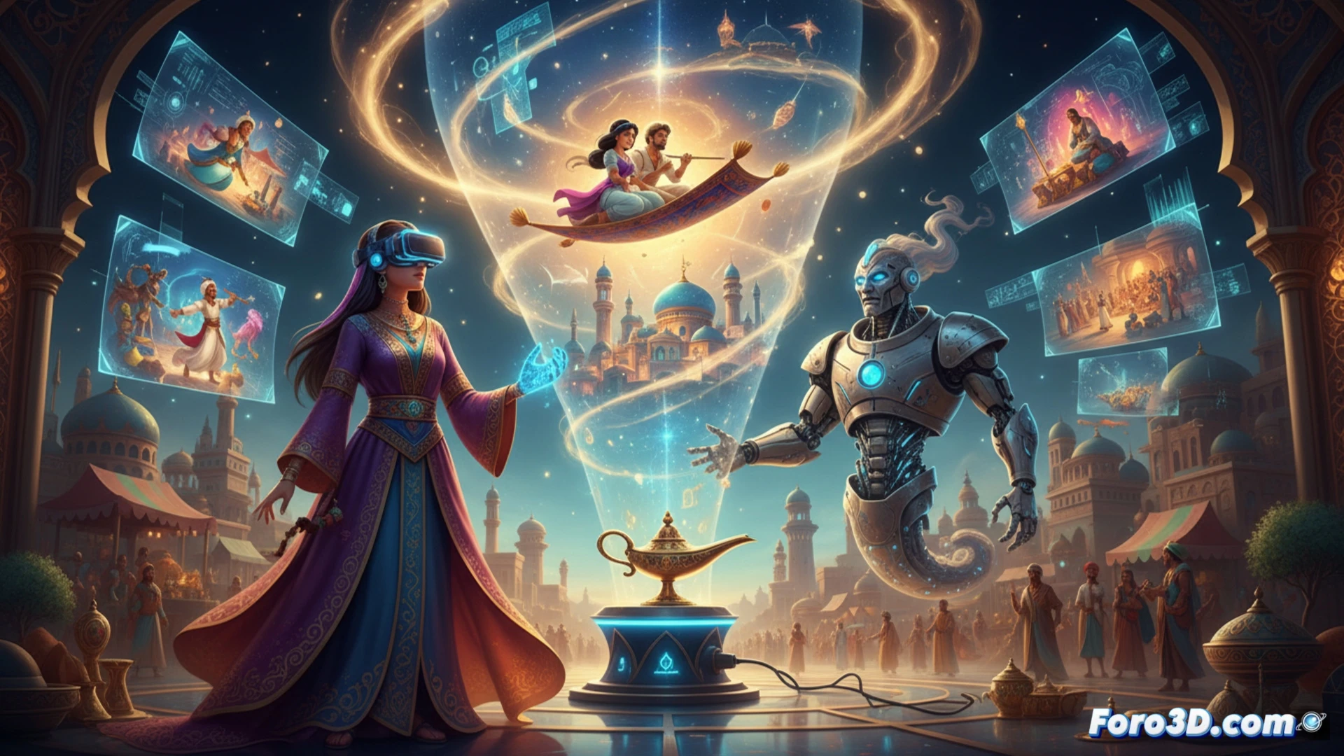 Sherezade narra bajo un cielo estrellado 3D, con genios y palacios surgiendo de un libro abierto.