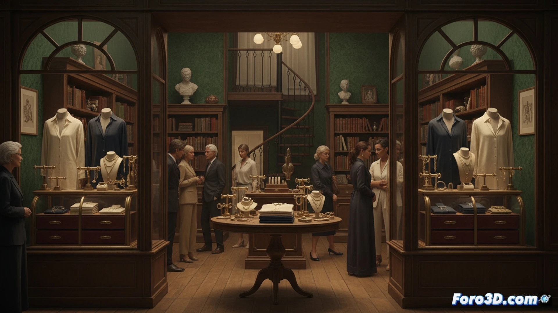 Una boutique parisina con camisas artesanales exhibidas como joyas en un ambiente noble y sosegado.