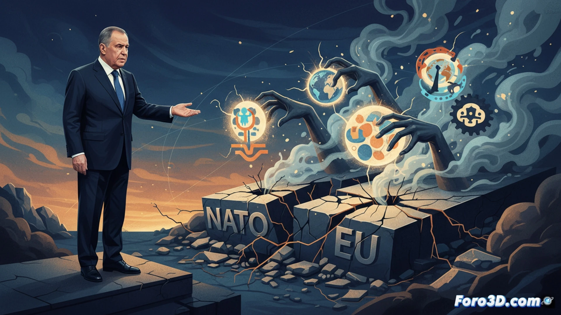 Ministro ruso Lavrov, con banderas de la OTAN y UE de fondo, señala signos de crisis en estas organizaciones durante una conferencia de prensa solemne.