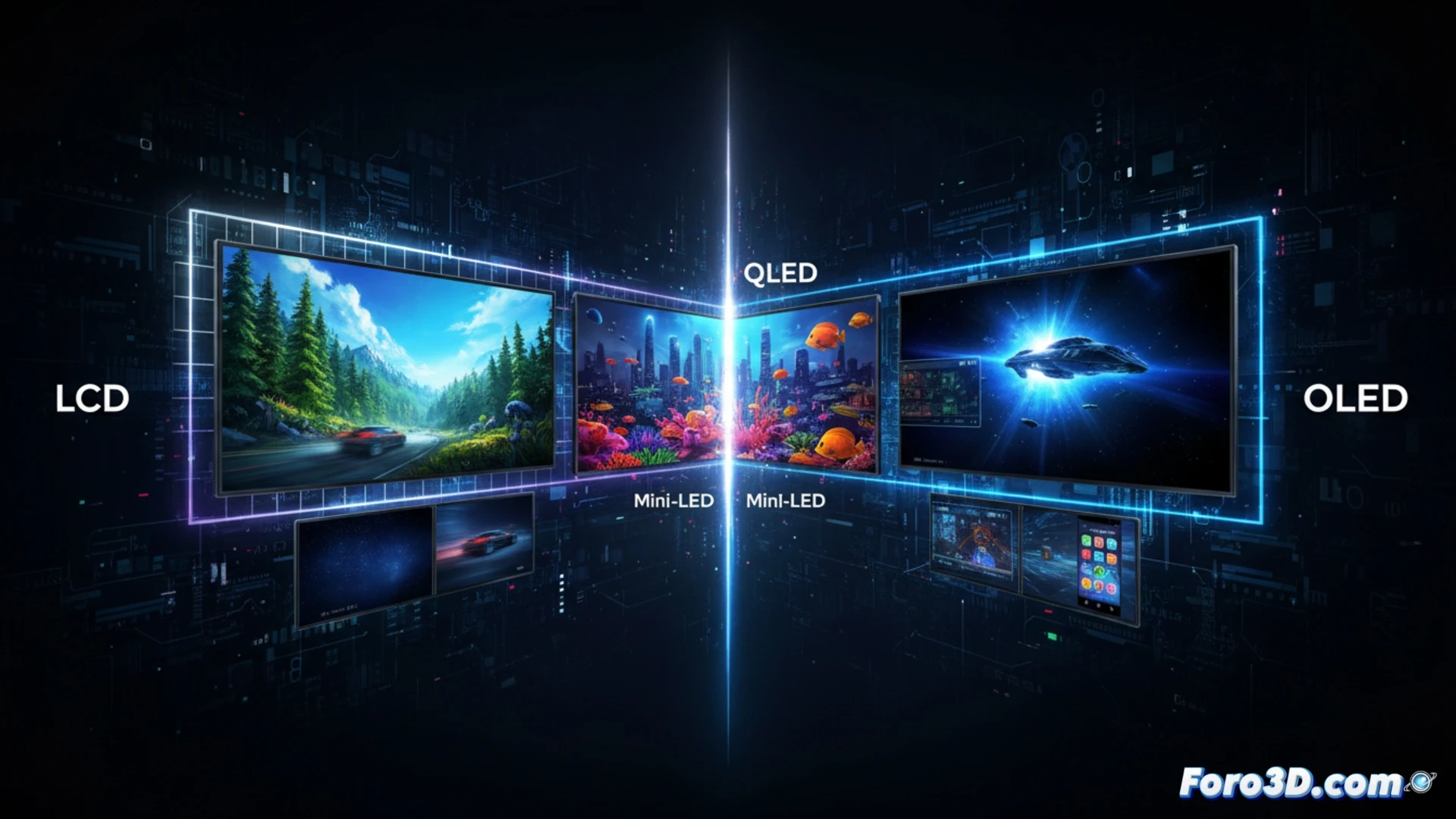 Una pantalla LCD y una OLED mostrando la misma escena, contrastando negros profundos y colores vivos.
