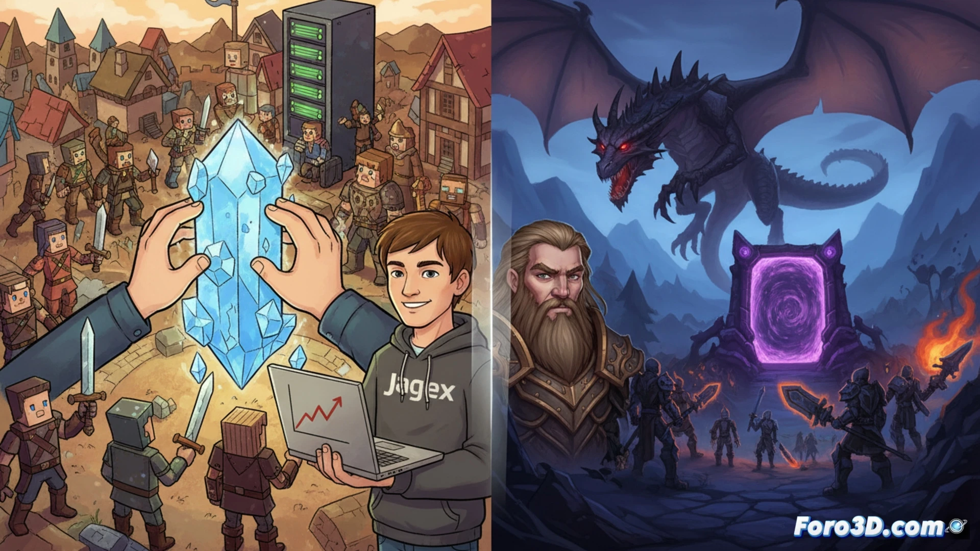 Mark Ogilvie de Jagex hablando en una conferencia, con logos de RuneScape y World of Warcraft al fondo.