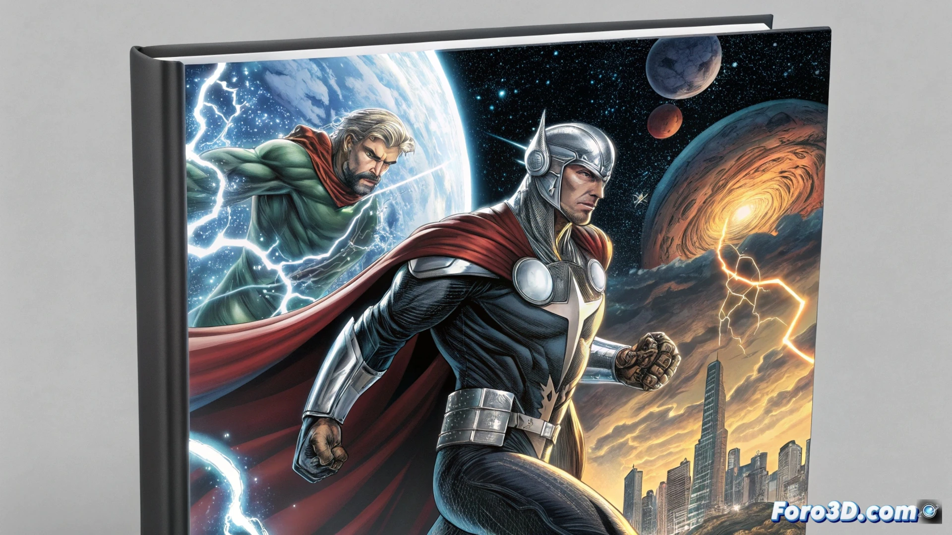 Surfista Plateado volando sobre paisaje cósmico, arte en estilo clásico de John Buscema con trazos dinámicos y épicos.