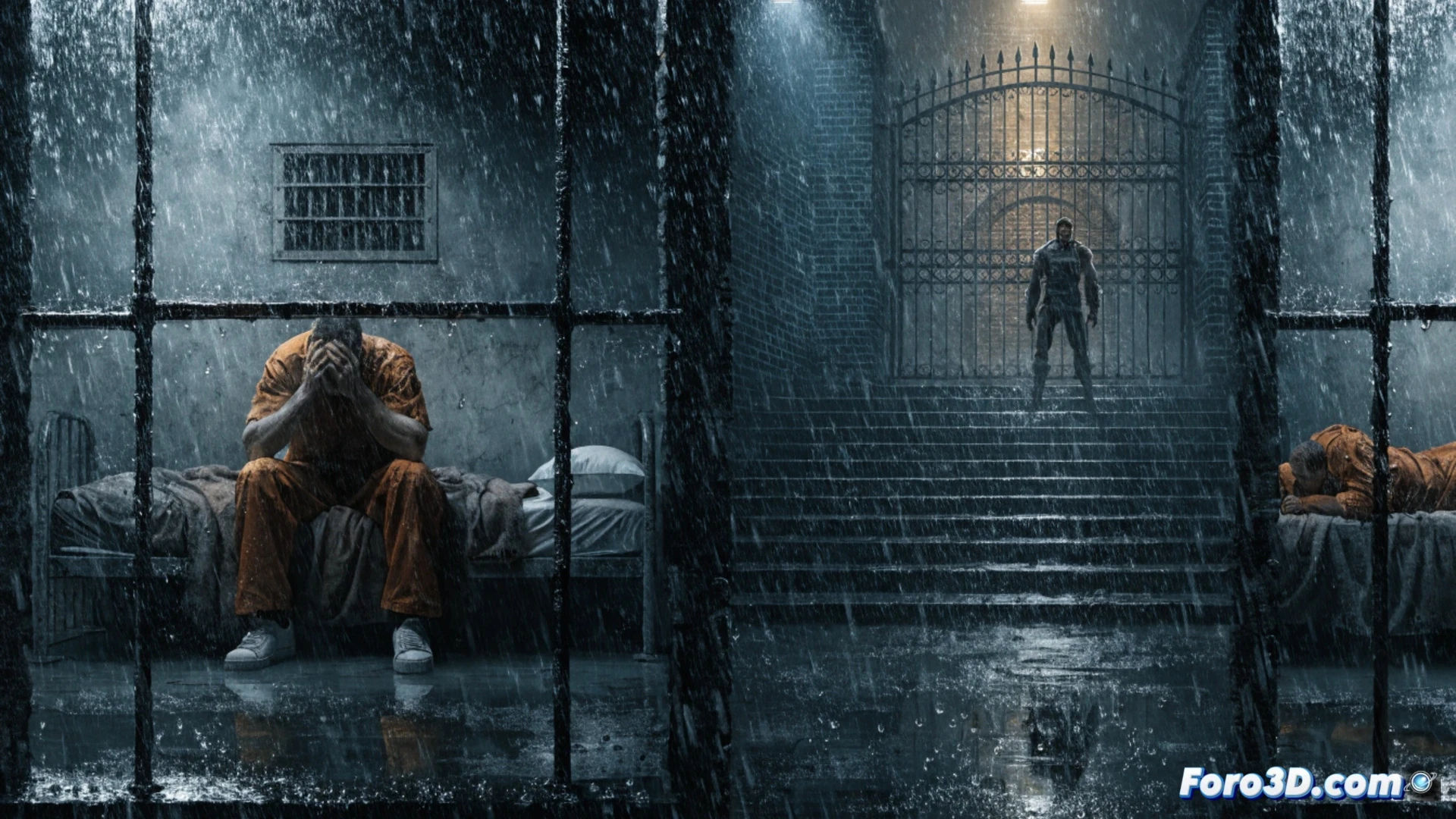 Matt Murdock encarcelado en una celda oscura, con la mirada determinada y el cuerpo marcado por batallas.