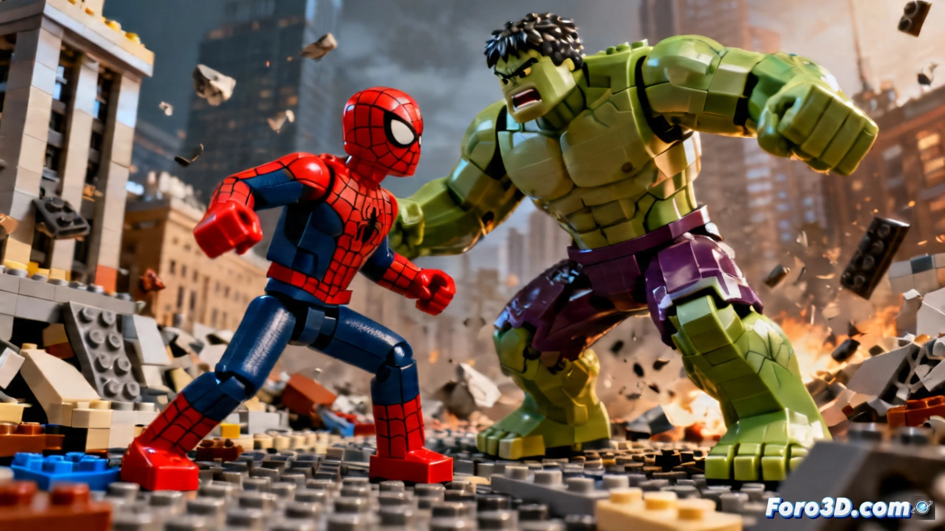 Set de LEGO con Spider-Man y Hulk enfrentándose en una escena urbana, revelando detalles de la próxima película.