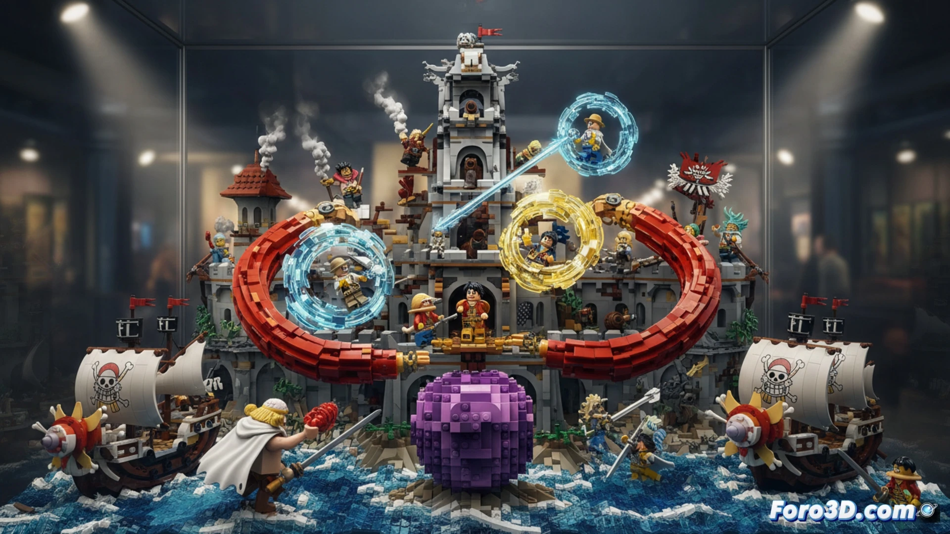 Imagen de seis sets LEGO One Piece, incluyendo el barco de Garp y el escondite de Hiriluk, en un fondo de mar y batallas.
