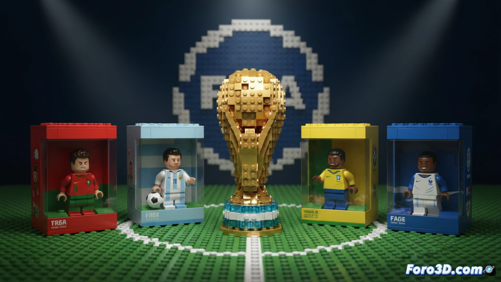 Imagen de los sets Lego FIFA 2026: réplica del trofeo y figuras de estrellas como Messi y Mbappé sobre un campo de juego de ladrillos.