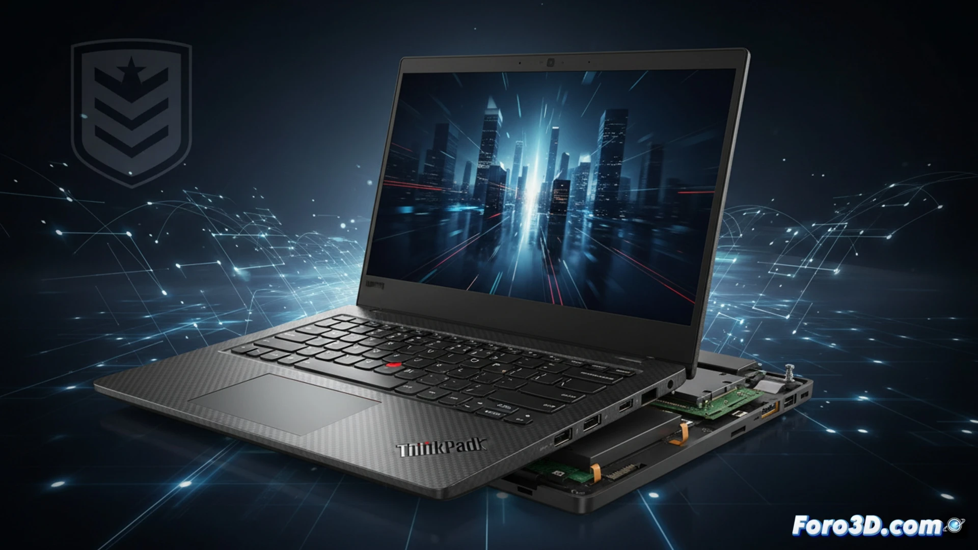Un ThinkPad X13 Gen 6 negro sobre una mesa, junto a una taza de café y un maletín abierto. Su diseño clásico y compacto transmite durabilidad profesional para el trabajo móvil.