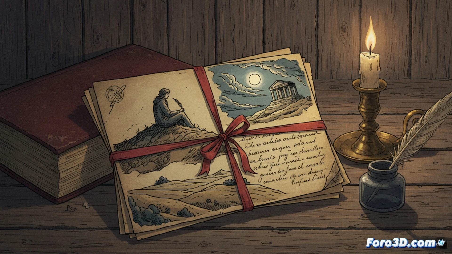 Reconstruccion 3D del escritorio de Leopardi con cartas y libros, en un entorno virtual inmersivo y detallado.