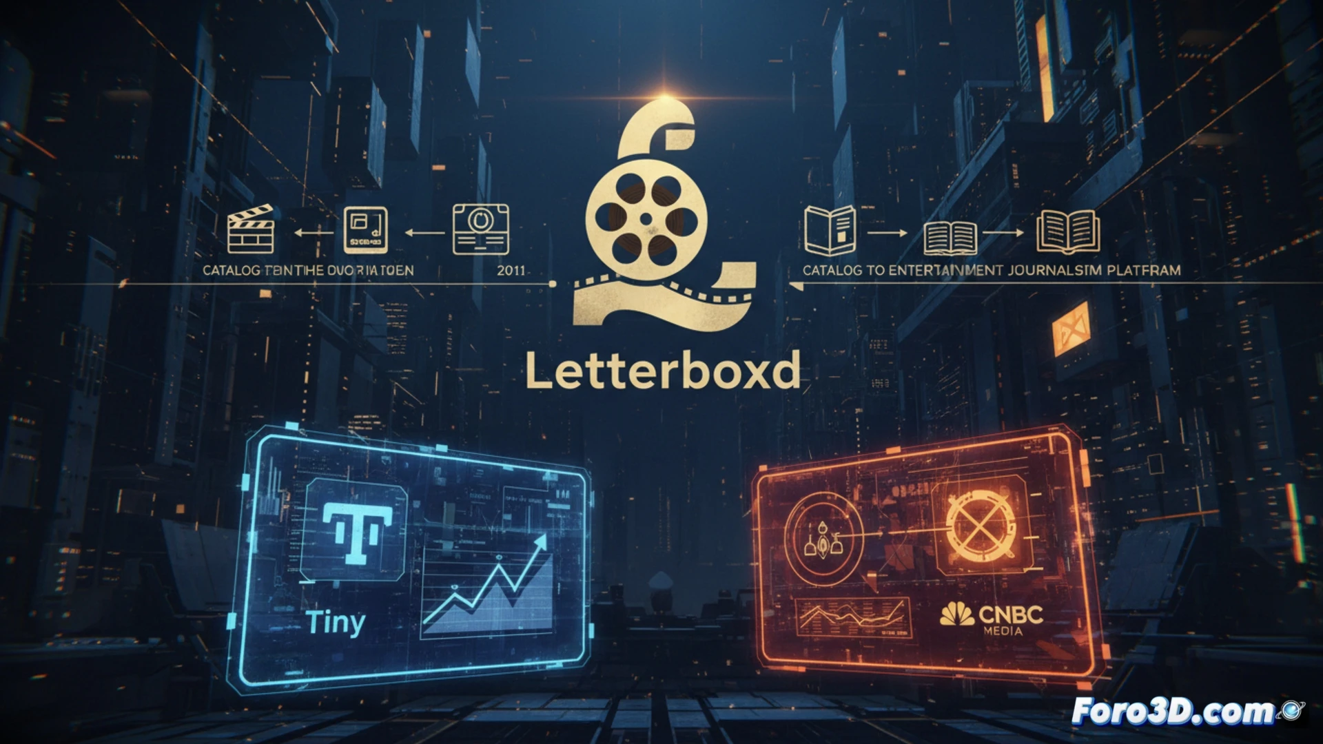 Una ilustración minimalista muestra el logo de Letterboxd (un rectángulo con bordes redondeados y rayas de carrete de cine) sobre un fondo degradado en tonos rojos y naranjas, con un cartel de 'Se Vende' colgado en una esquina. Al lado, una figura sombreada de un comprador sostiene una lupa, mientras que monedas y signos de dólar flotan alrededor, simbolizando la búsqueda de un nuevo dueño para la app de cine.