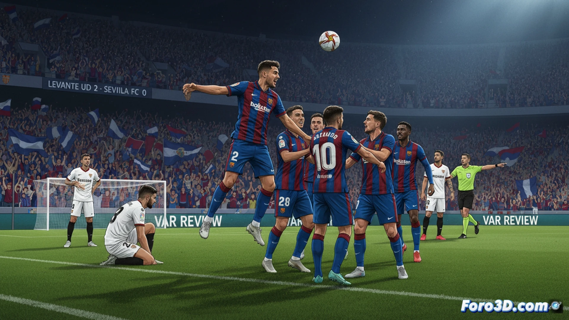 Jugadores del Levante celebran un gol en el Ciutat de València, con el marcador 2-0 ante el Sevilla y afición al fondo animando.