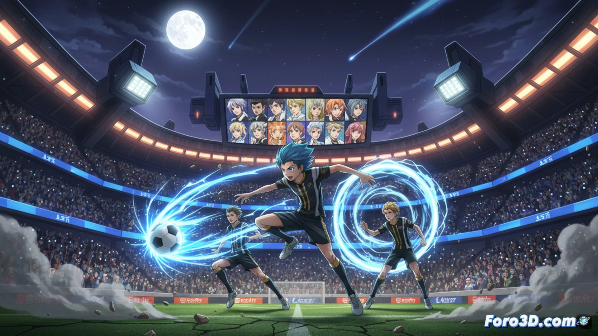 Una caja física de Inazuma Eleven: Victory Road para Switch 2, con el protagonista y su equipo en un campo de fútbol futurista.