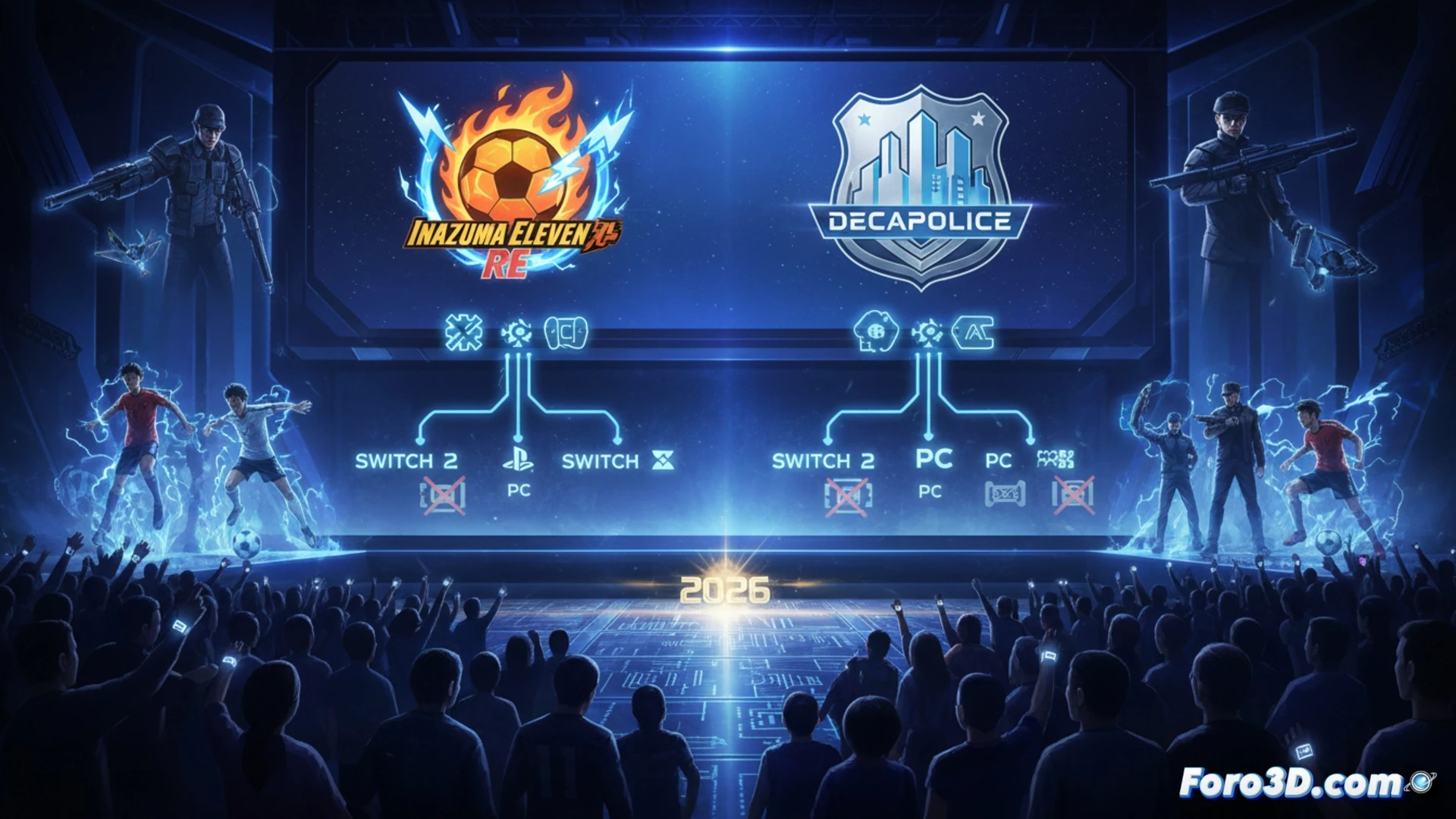 Ilustración del evento LEVEL-5 Vision 2026 mostrando logos de Inazuma Eleven RE y DECAPOLICE con el año 2026 y consolas modernas.