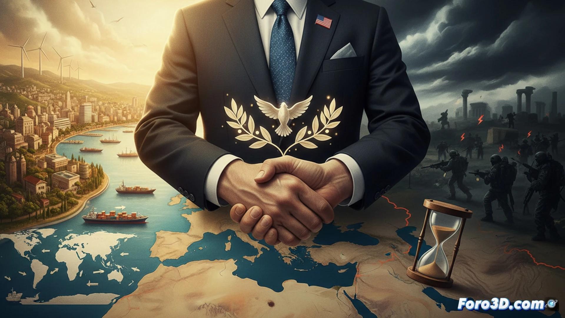 Dos banderas y un mapa marítimo sobre una mesa, con un mediador estadounidense observando al fondo.