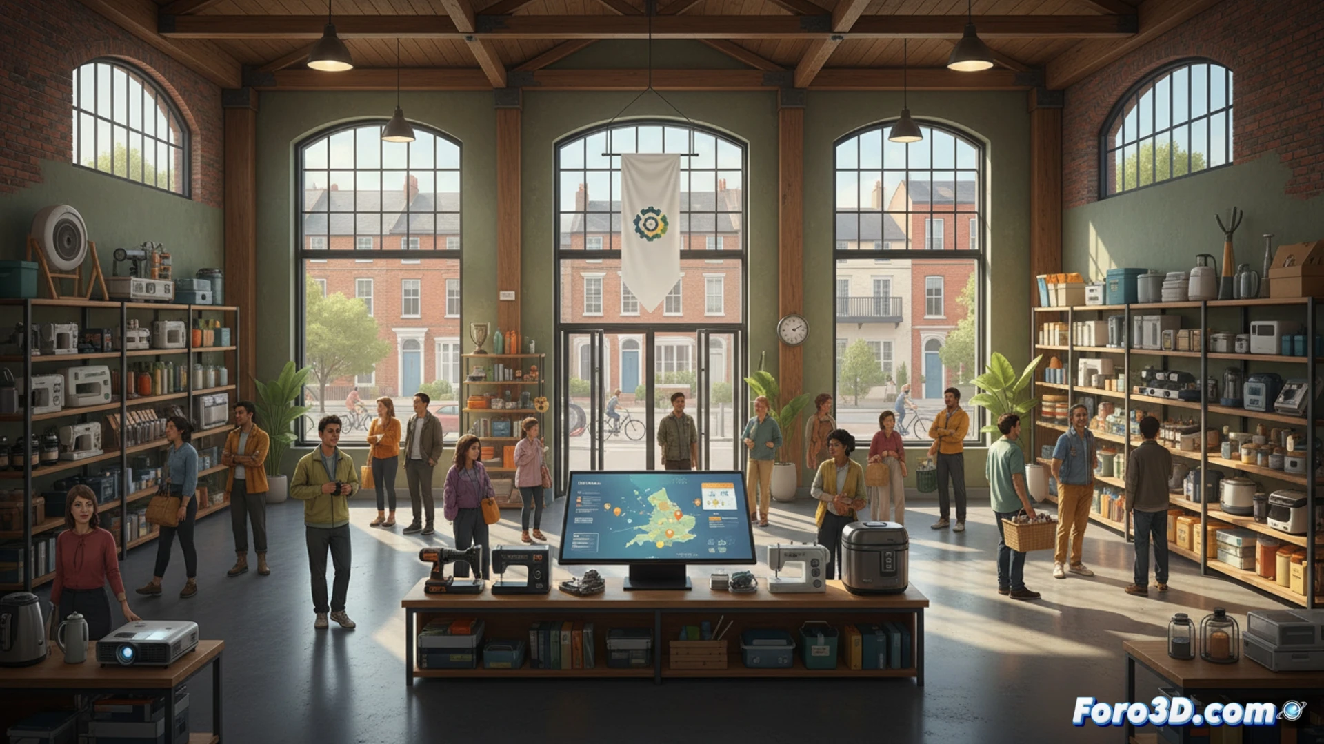 Una estantería con herramientas y electrodomésticos en un local comunitario, con vecinos revisando el catálogo de préstamos.