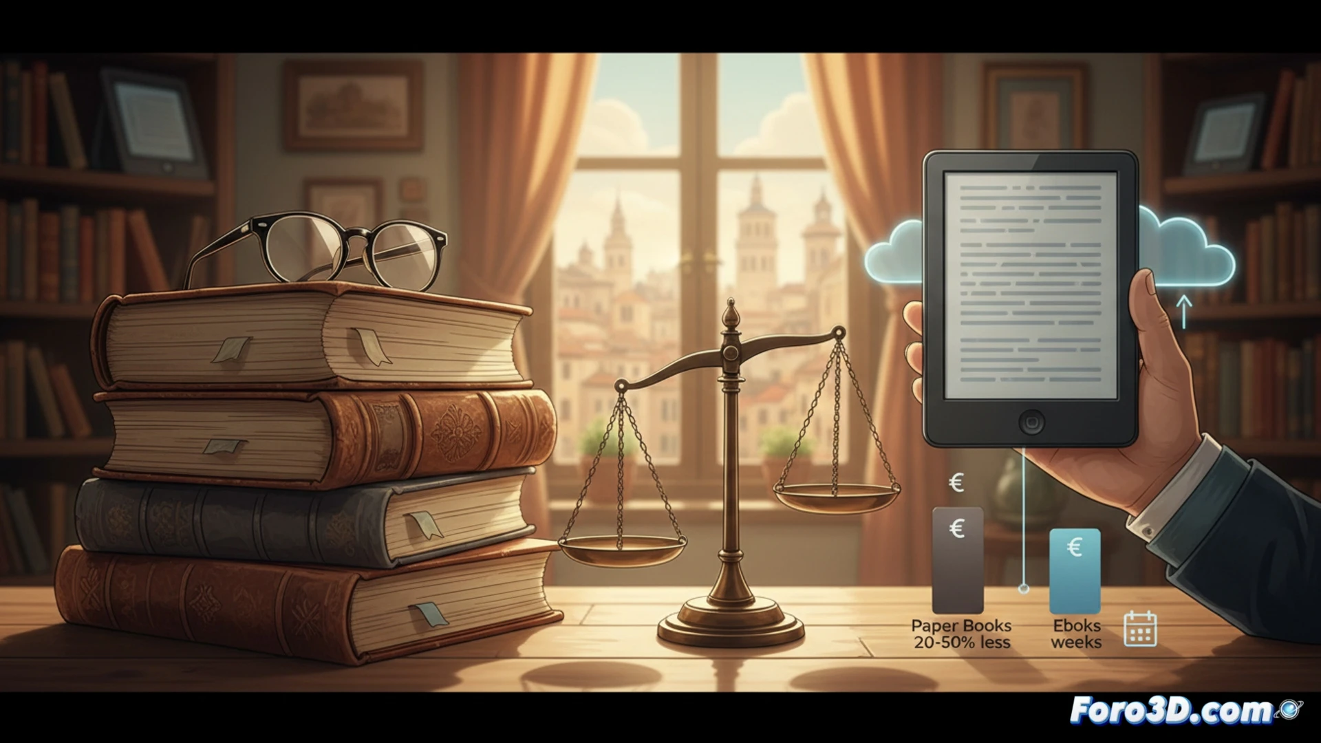 Un lector sostiene un ebook abierto junto a una pila de libros de papel, con billetes de euro cayendo y una mochila aliviada.