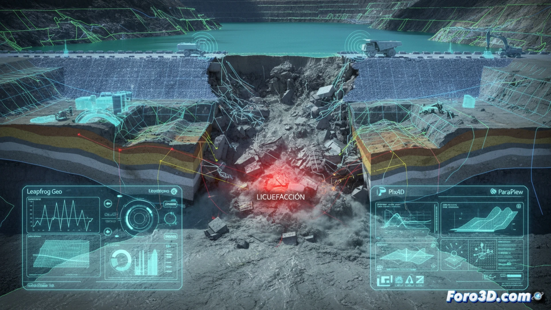 Imagen satelital de dique minero colapsado con superposición de datos LiDAR mostrando zonas de licuefacción y fracturas