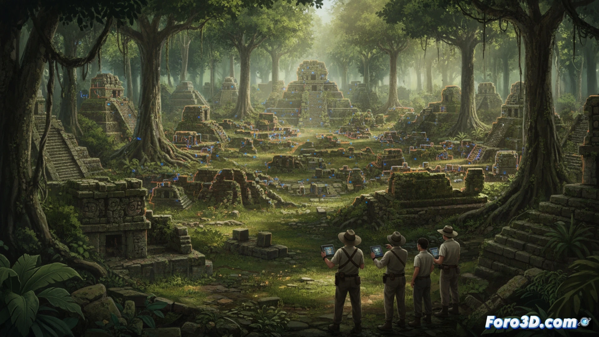 Vista aérea LiDAR de una vasta ciudad maya oculta bajo el dosel verde de la selva.