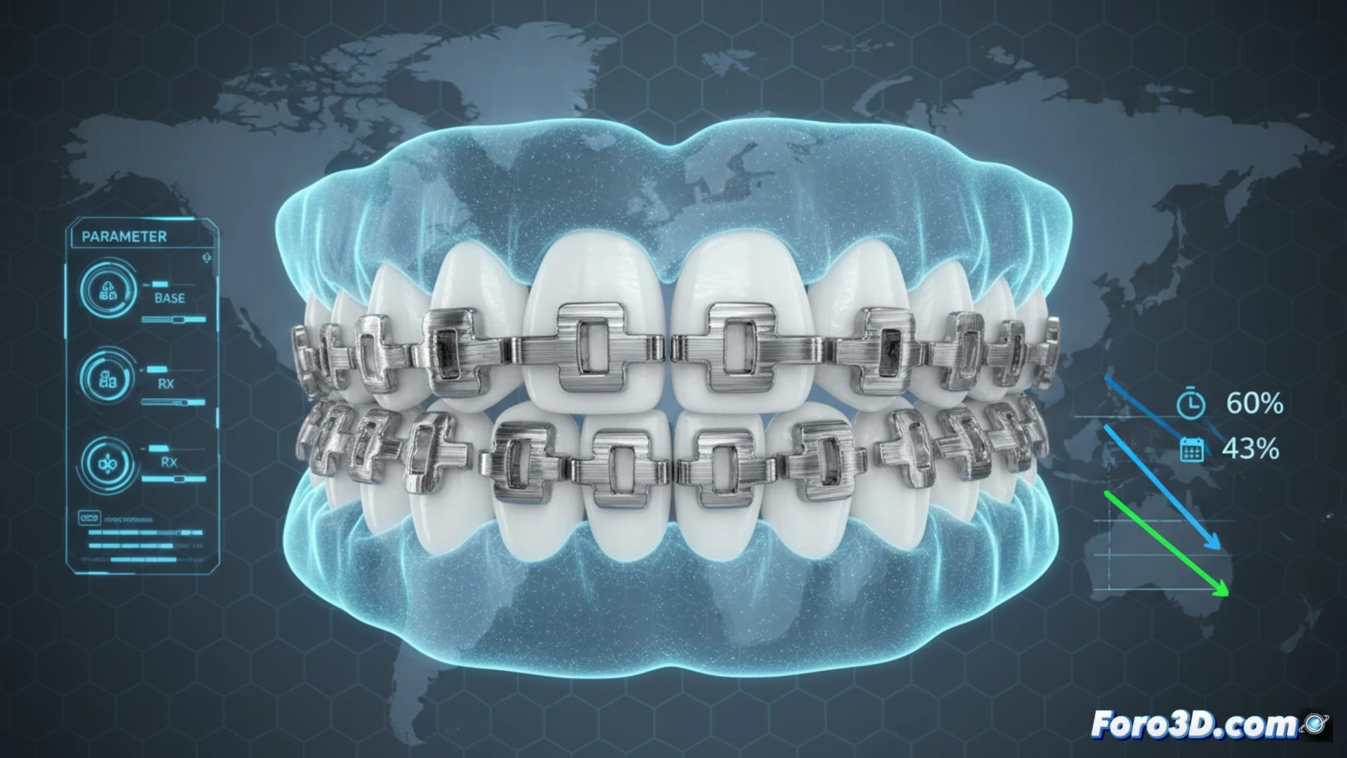 Imagen detallada de brackets metálicos personalizados impresos en 3D sobre un modelo dental, con fondo azul tecnológico y esquema de diseño digital.