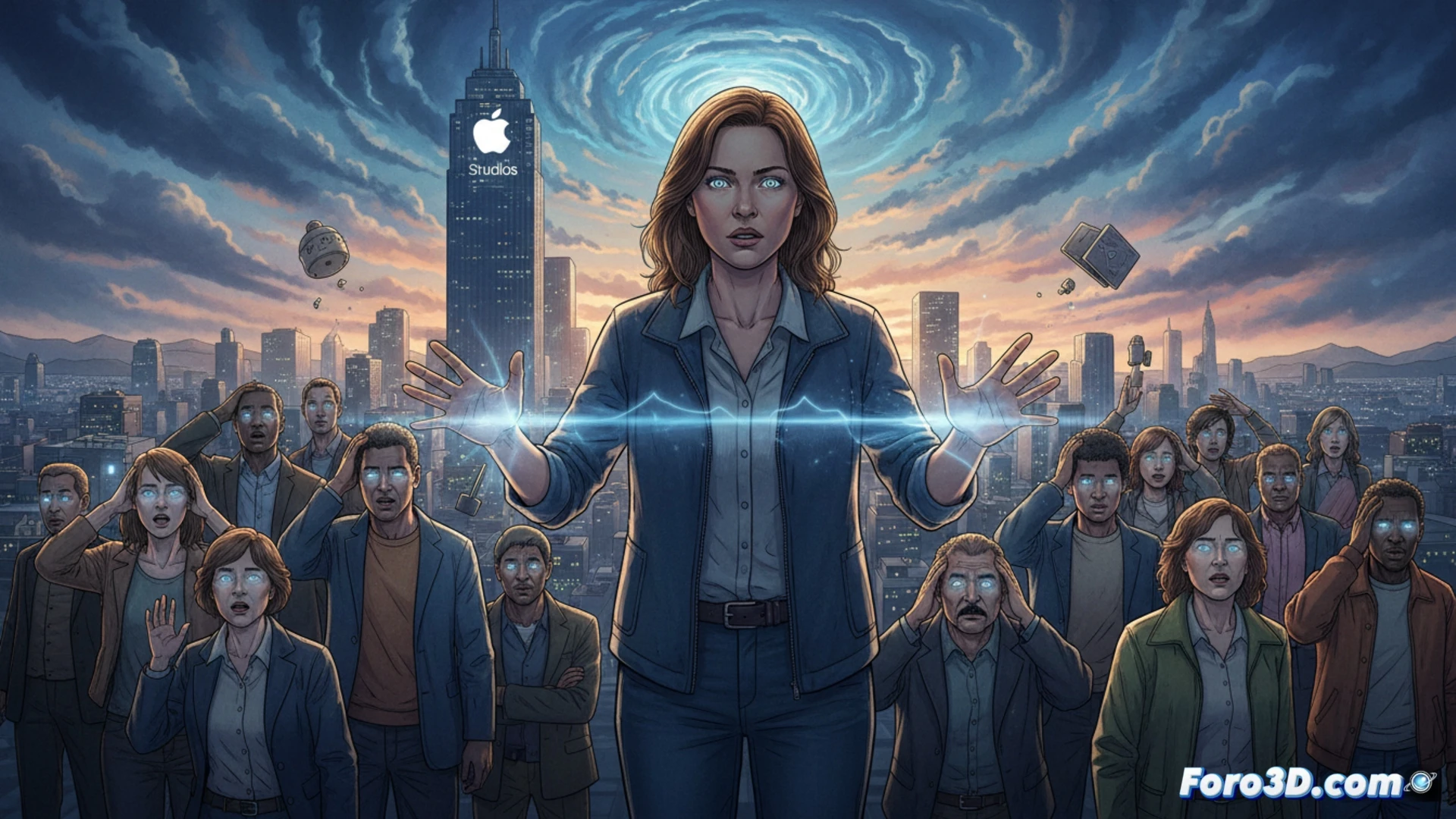 Una multitud diversa en una ciudad, con destellos de energía psíquica emergiendo de sus cabezas, mirando sus manos con asombro.