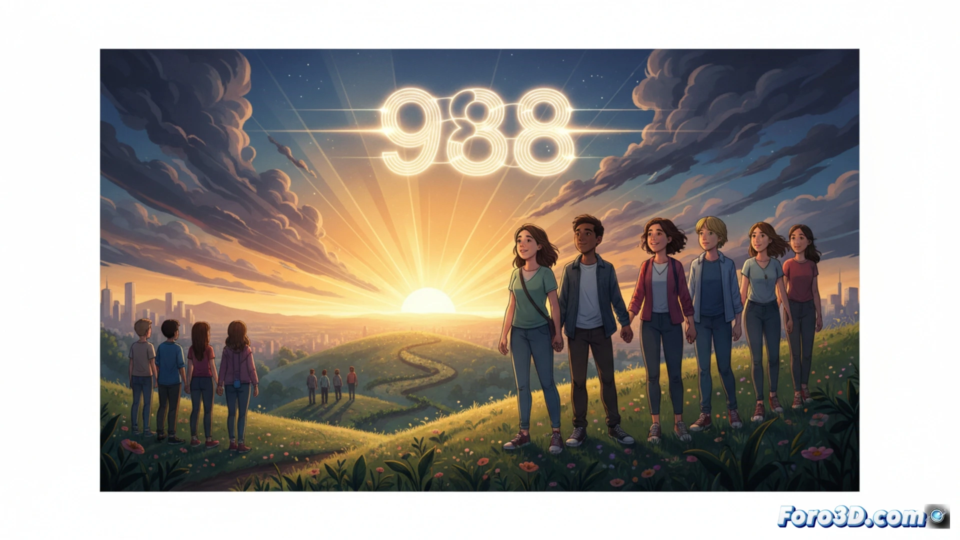 Un joven sosteniendo un teléfono, con luz cálida y un fondo que simboliza esperanza, mientras una cifra 988 brilla en la oscuridad.