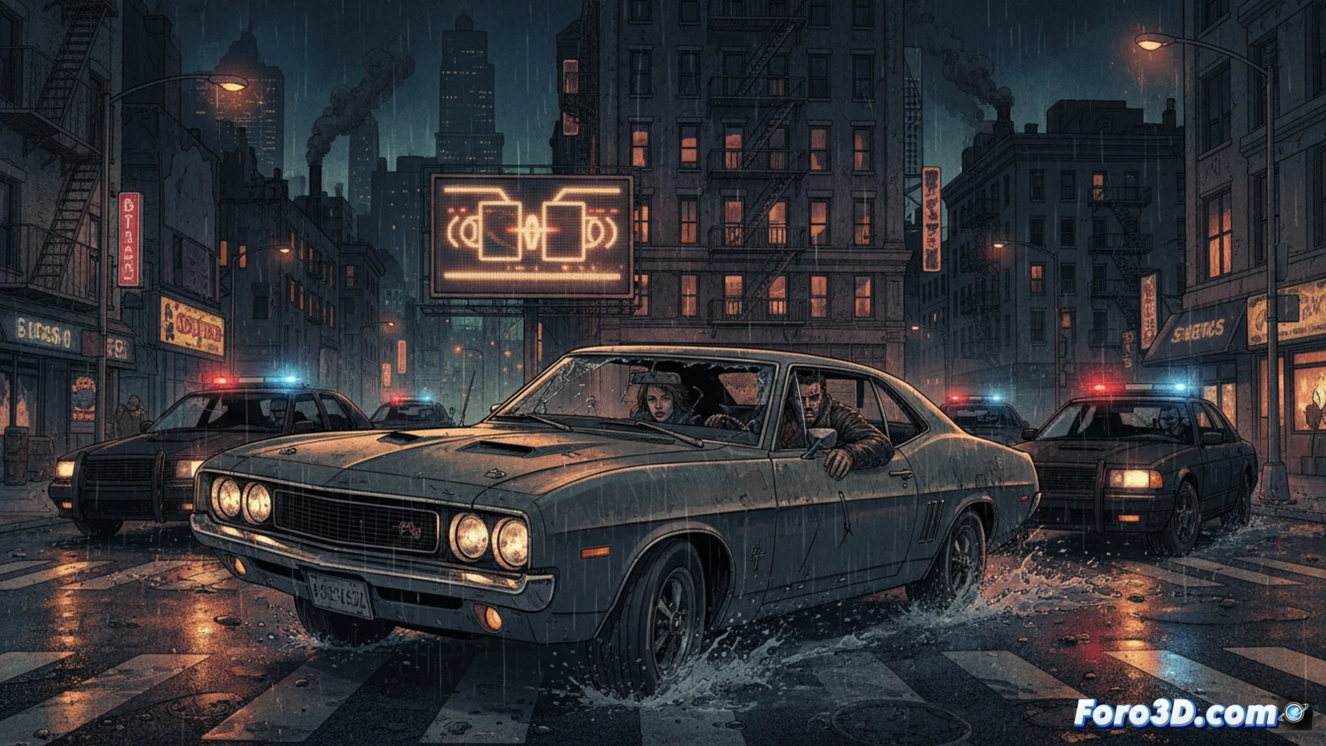 Un hombre con chaqueta de cuero camina por una calle nocturna y lluviosa, reflejos de neón en el asfalto, mientras un coche deportivo se acerca amenazante.