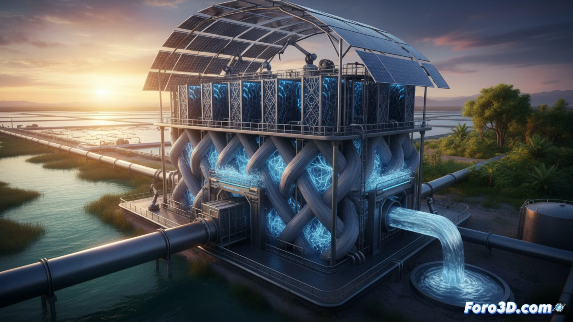 Impresora 3D crea un filtro cerámico blanco sobre un fondo azul y verde. Agua limpia fluye rápido, contrastando con un estanque de evaporación rojizo y seco al fondo.