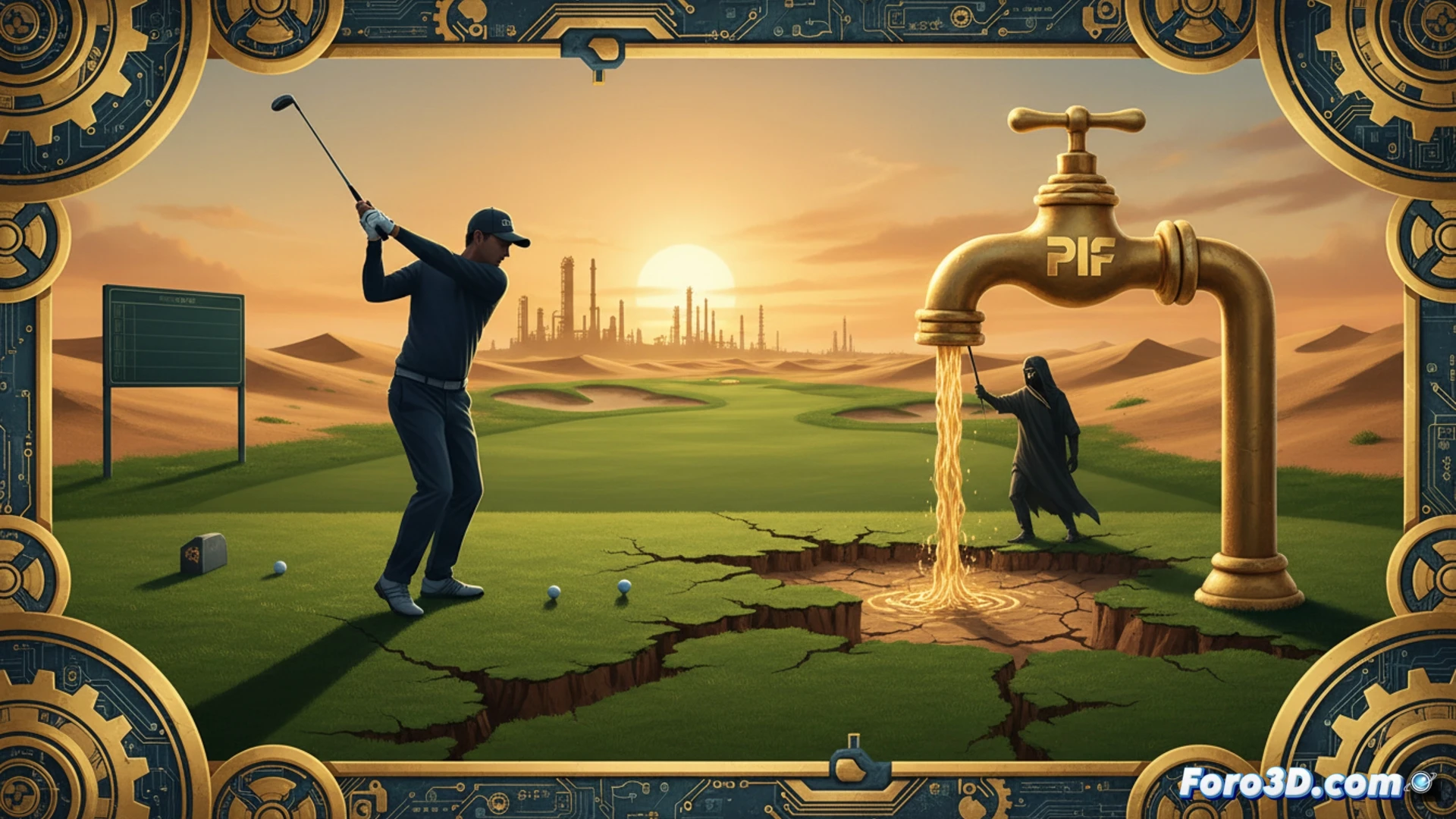 Un golfista observa un campo vacío, con el logotipo LIV desvaneciéndose en el fondo árido.