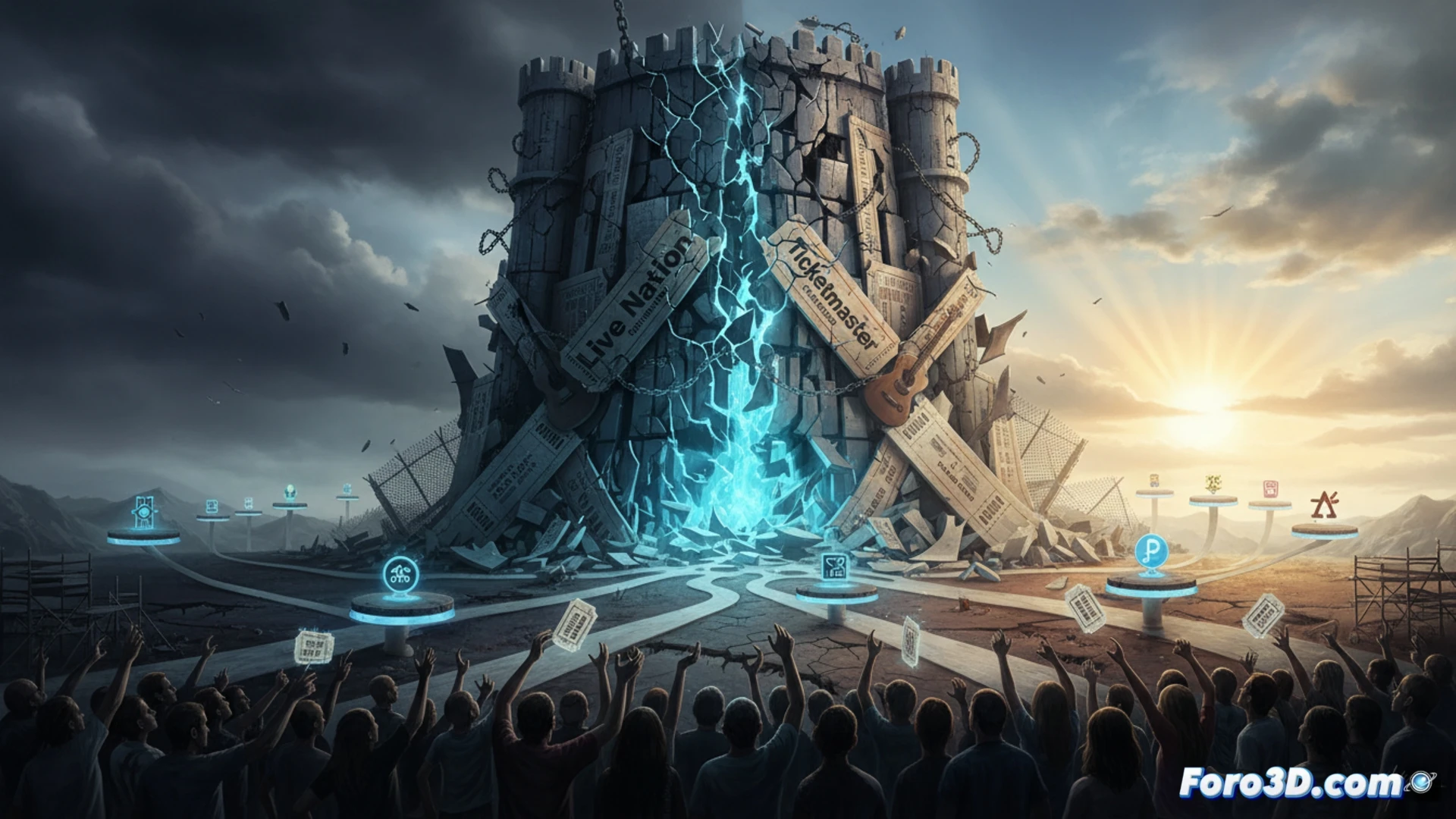 Una gran mano agarra un escenario y boletos, con gráficos de monopolio y una balanza de justicia detrás.