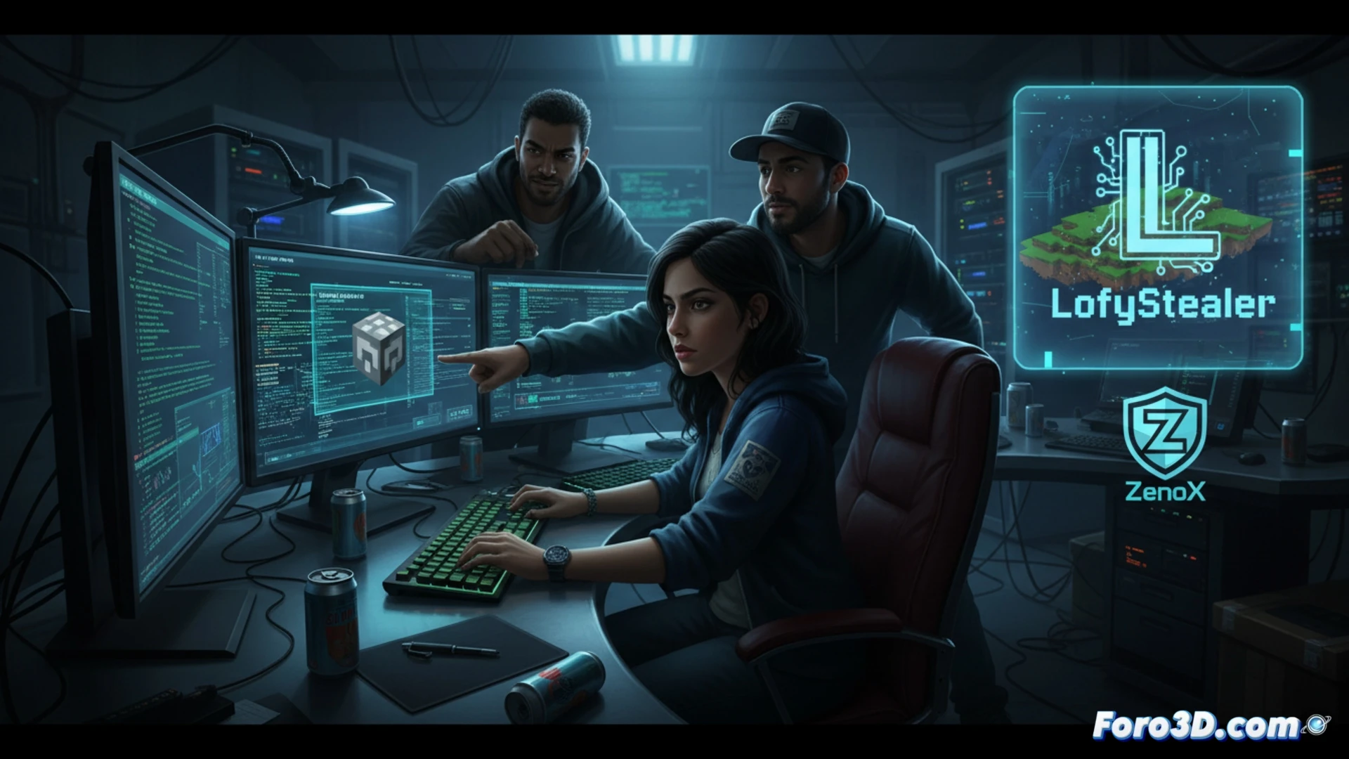 Ilustración de un personaje pixelado de Minecraft con máscara de ladrón, rodeado de engranajes y un icono de virus oculto en un archivo llamado Slinky.