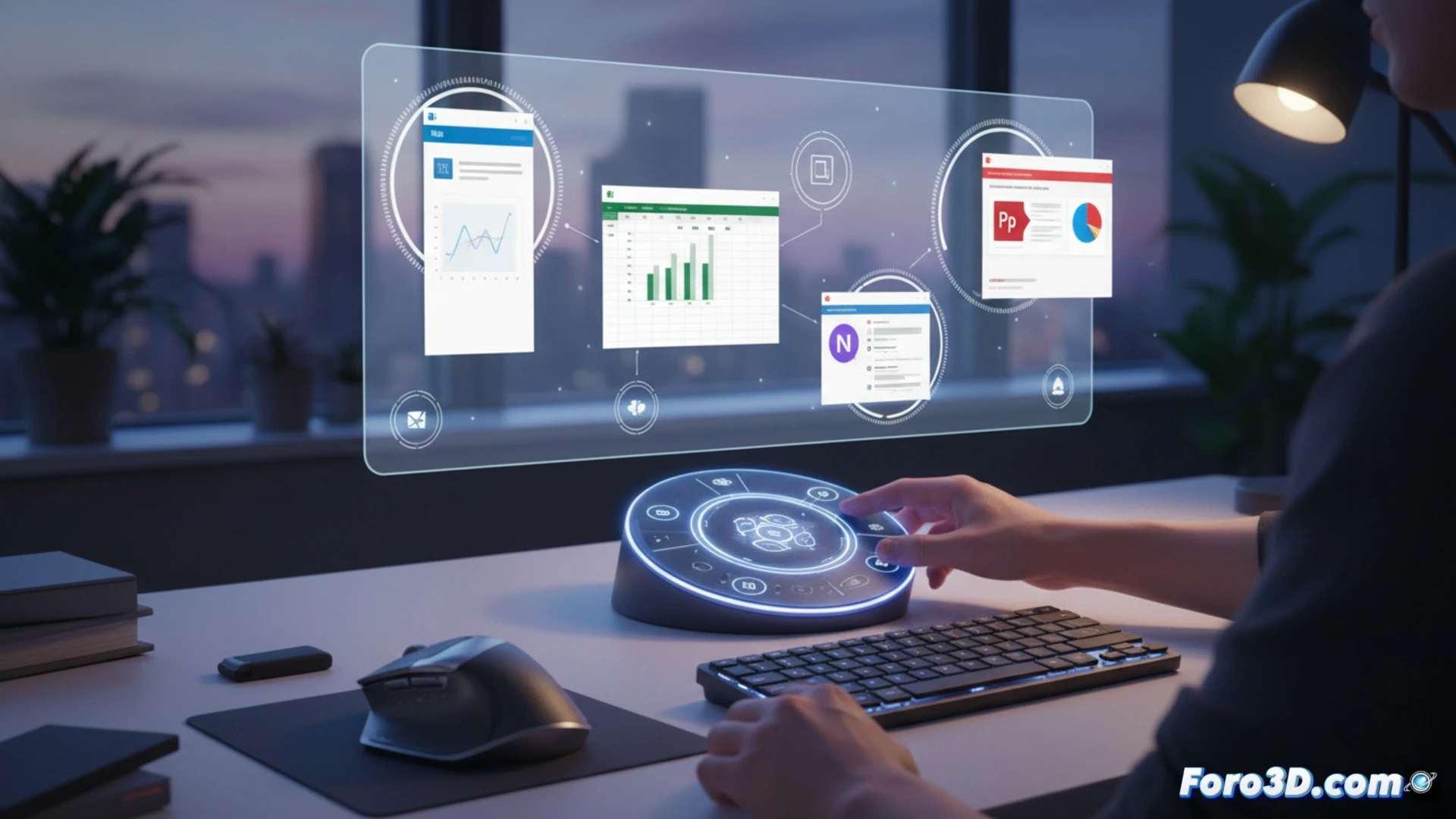 Un escritorio moderno muestra un MX Master 4 y un teclado MX Mechanical Mini. Una mano interactúa con una pantalla que tiene iconos de Office, Slack y Notion, mientras un menú circular Actions Ring flota sobre el texto. La escena transmite productividad sin clics repetitivos.