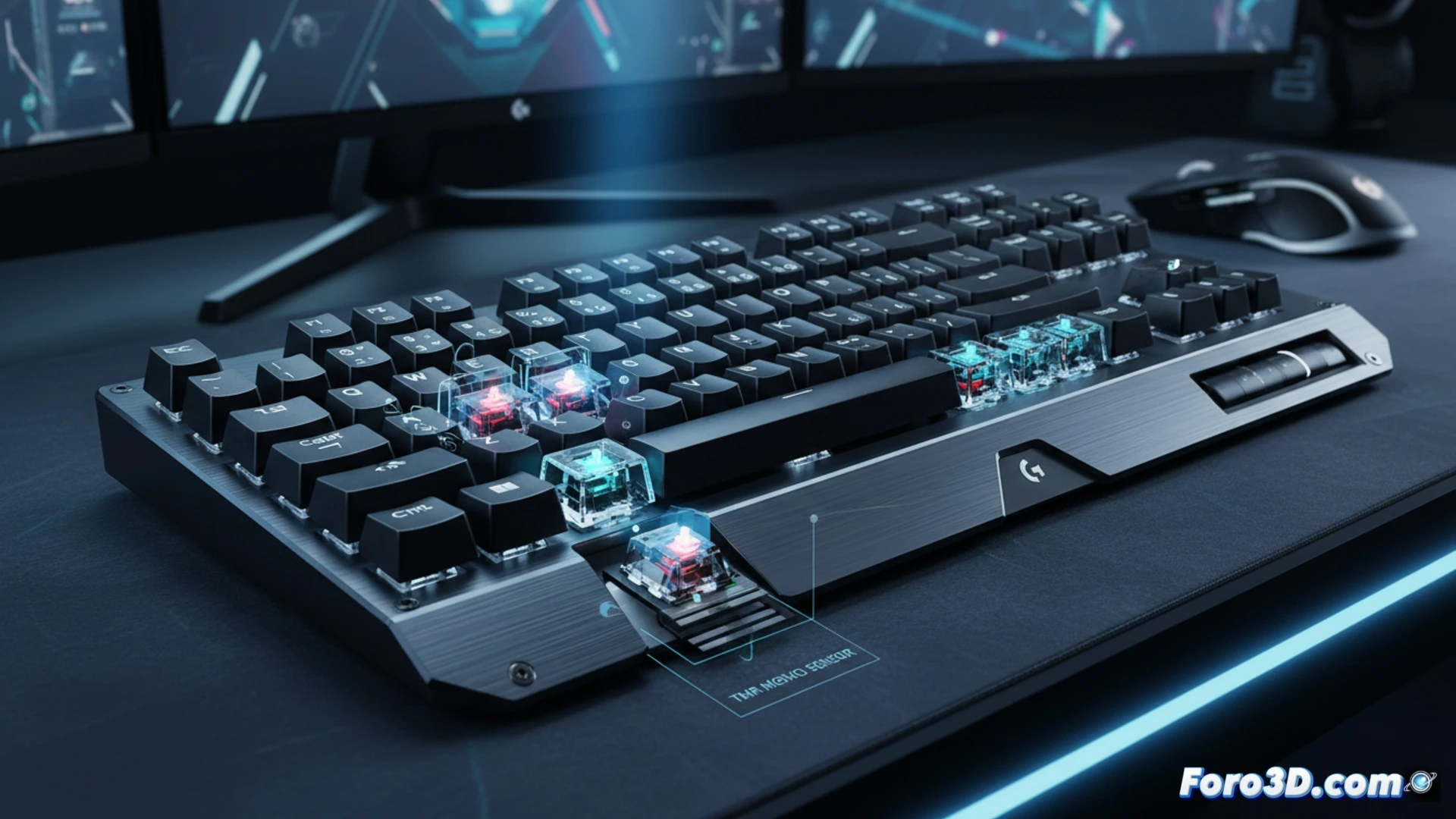 Un teclado gaming Logitech G512 X en primer plano, con teclas retroiluminadas en azul cian. La mitad izquierda muestra interruptores mecánicos plateados; la derecha, sensores analógicos TMR visibles. Al fondo, un circuito abierto con herramientas de customización.