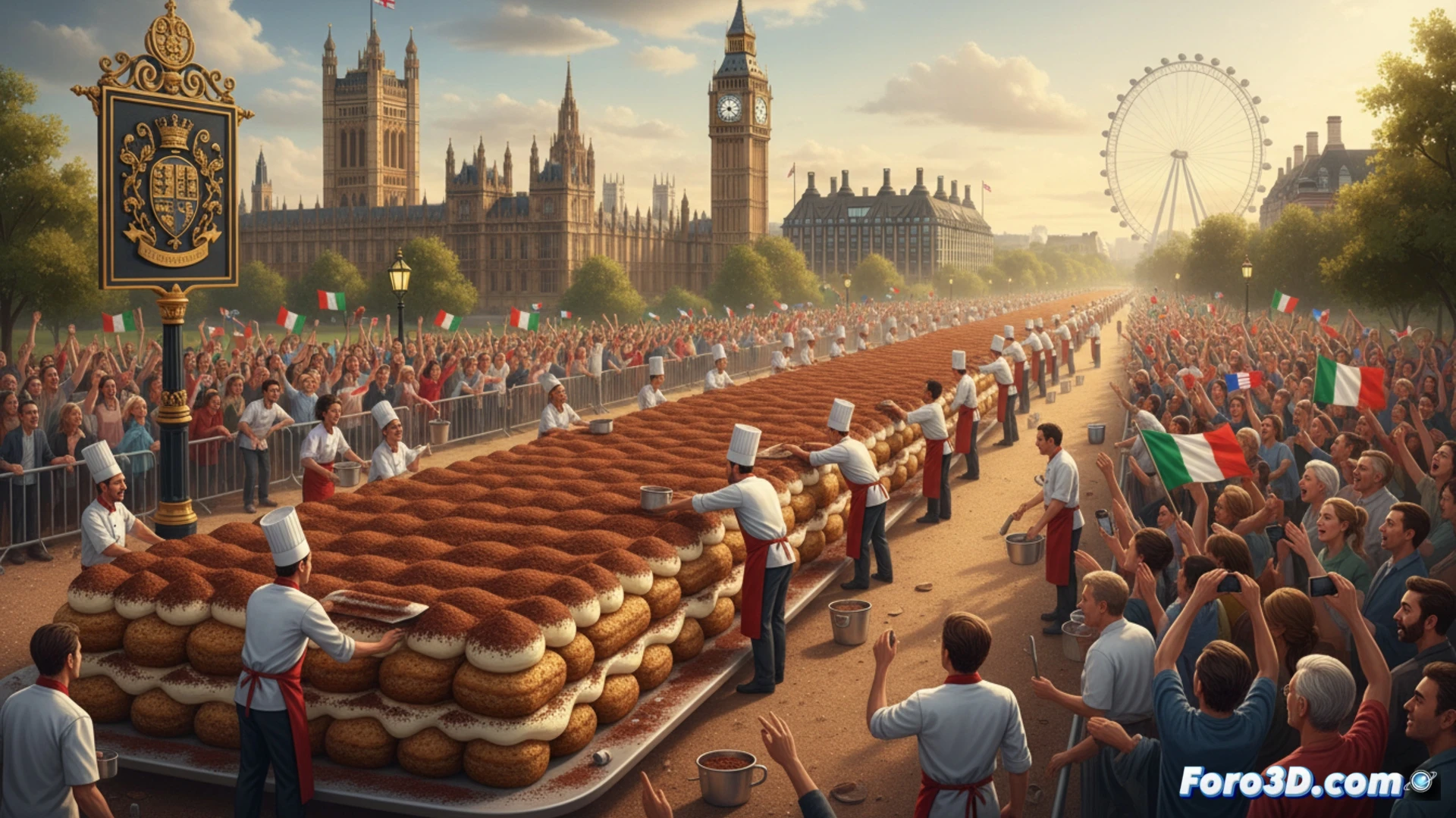 Una hilera ininterrumpida de tiramisú de 440 metros serpentea por una calle londinense, rodeada de chefs con gorros blancos y multitud expectante bajo el cielo nublado.