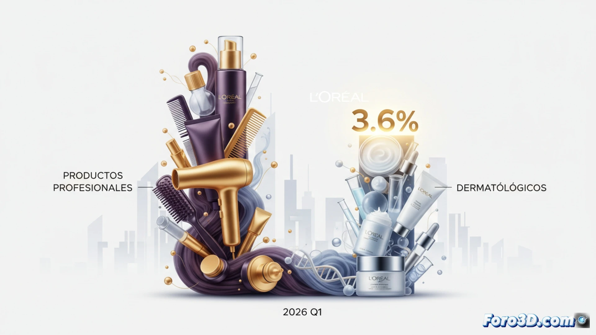 Una ejecutiva analiza gráficos de crecimiento en una pantalla, con productos profesionales y dermatológicos de L'Oréal en primer plano.