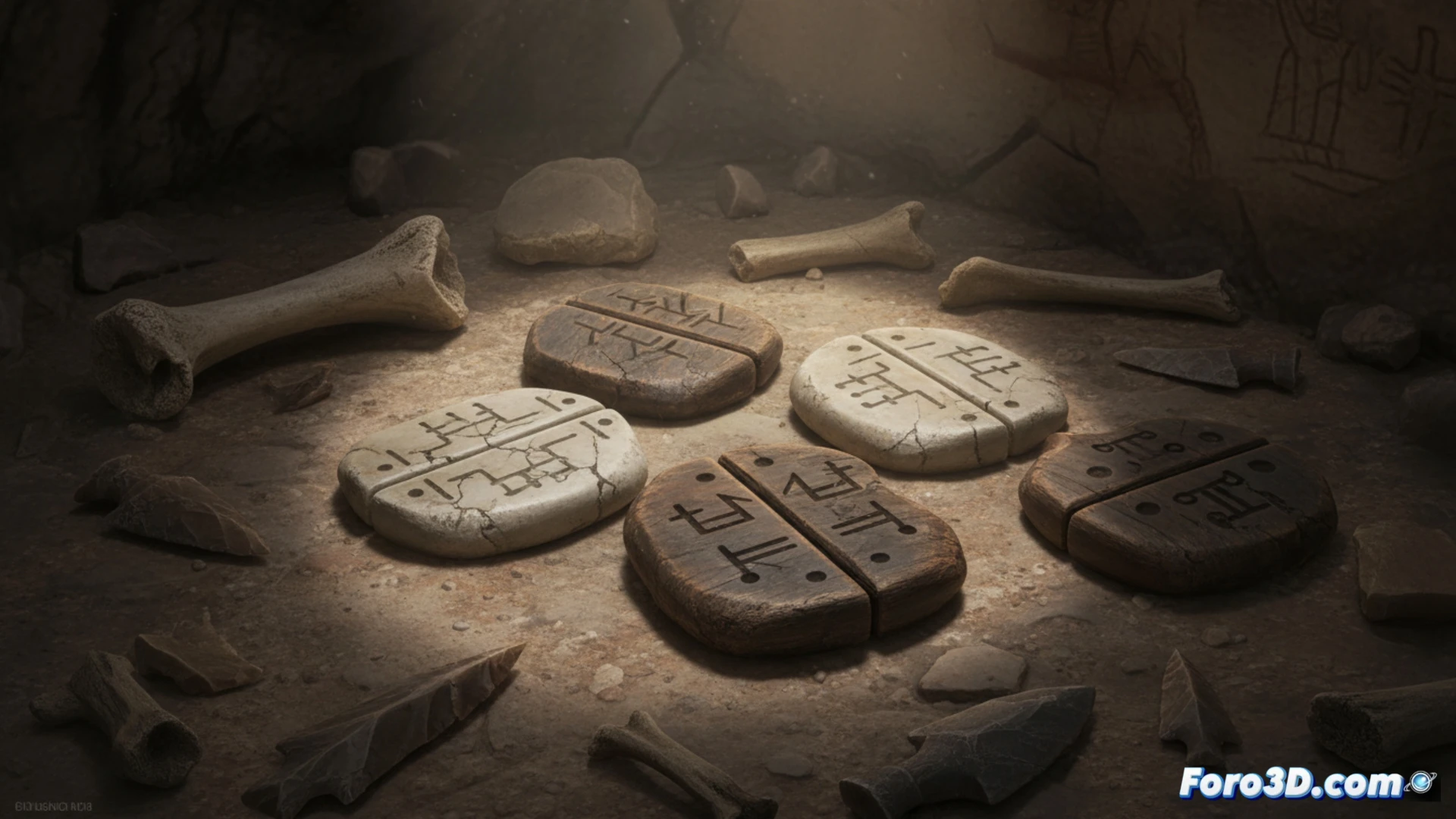 Un dado de hueso pulido sobre tierra árida, bajo un cielo ancestral, evoca a cazadores-recolectores jugando hace 12.000 años.